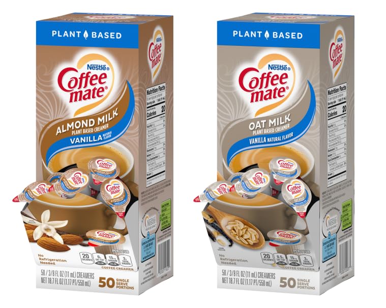 Nestle Coffee Mate Almond Milk & Oat Milk Vanilla Flavor Creamer - 2 Pack (100 Liquid Singles) | Dairy-Free Coffee Creamer for Lattes, Iced Coffee & Baking | Aizonify Design Box
