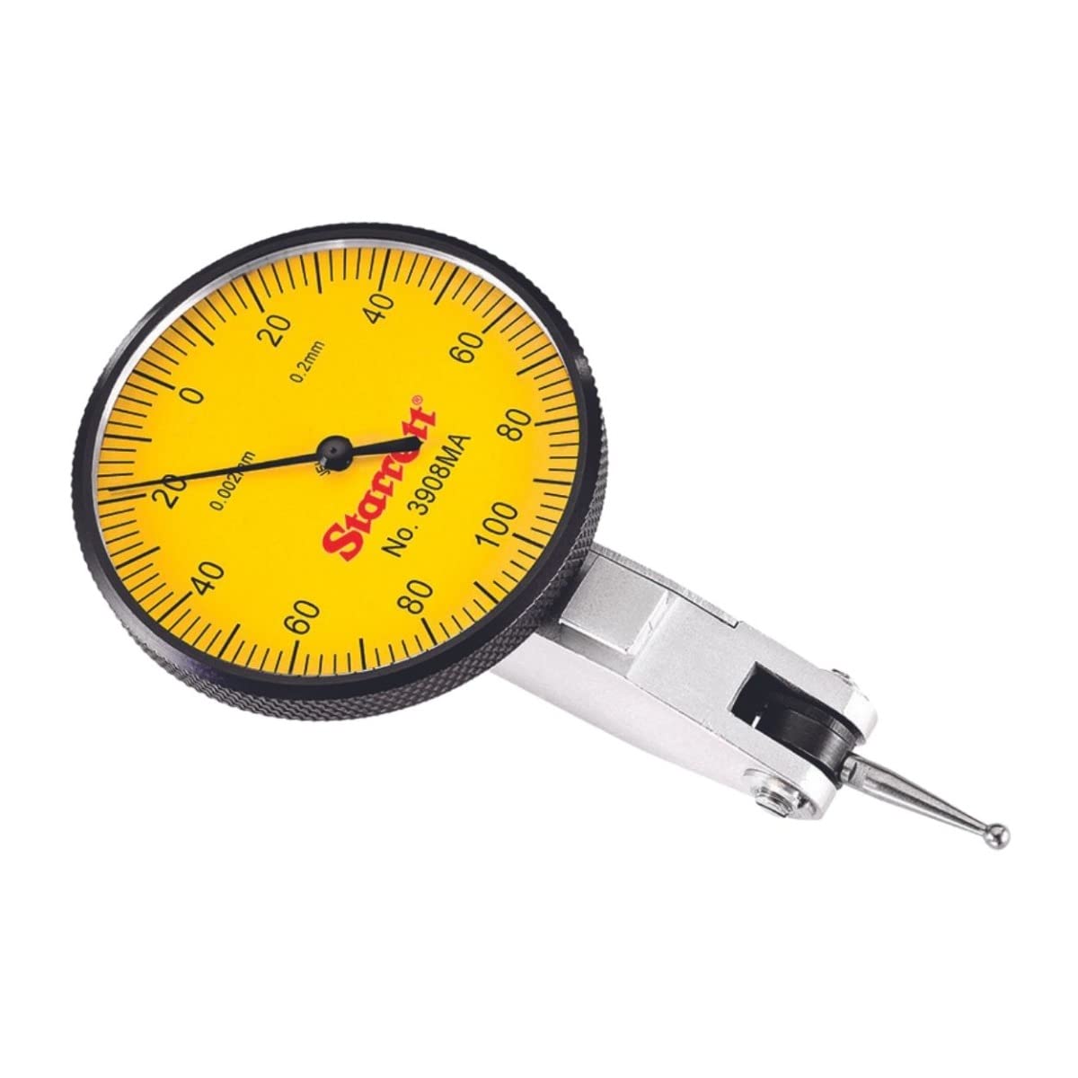 Starrett 3908MA Dial Test Indicator with Dovetail Mount - 40mm Yellow Dial, 0.2mm Range, 0-100-0 Reading, 0.002mm Graduations - Includes Two Dovetail Clamps & Case - Perfect for Precision Machining, Metalworking, and Quality Control Measurements