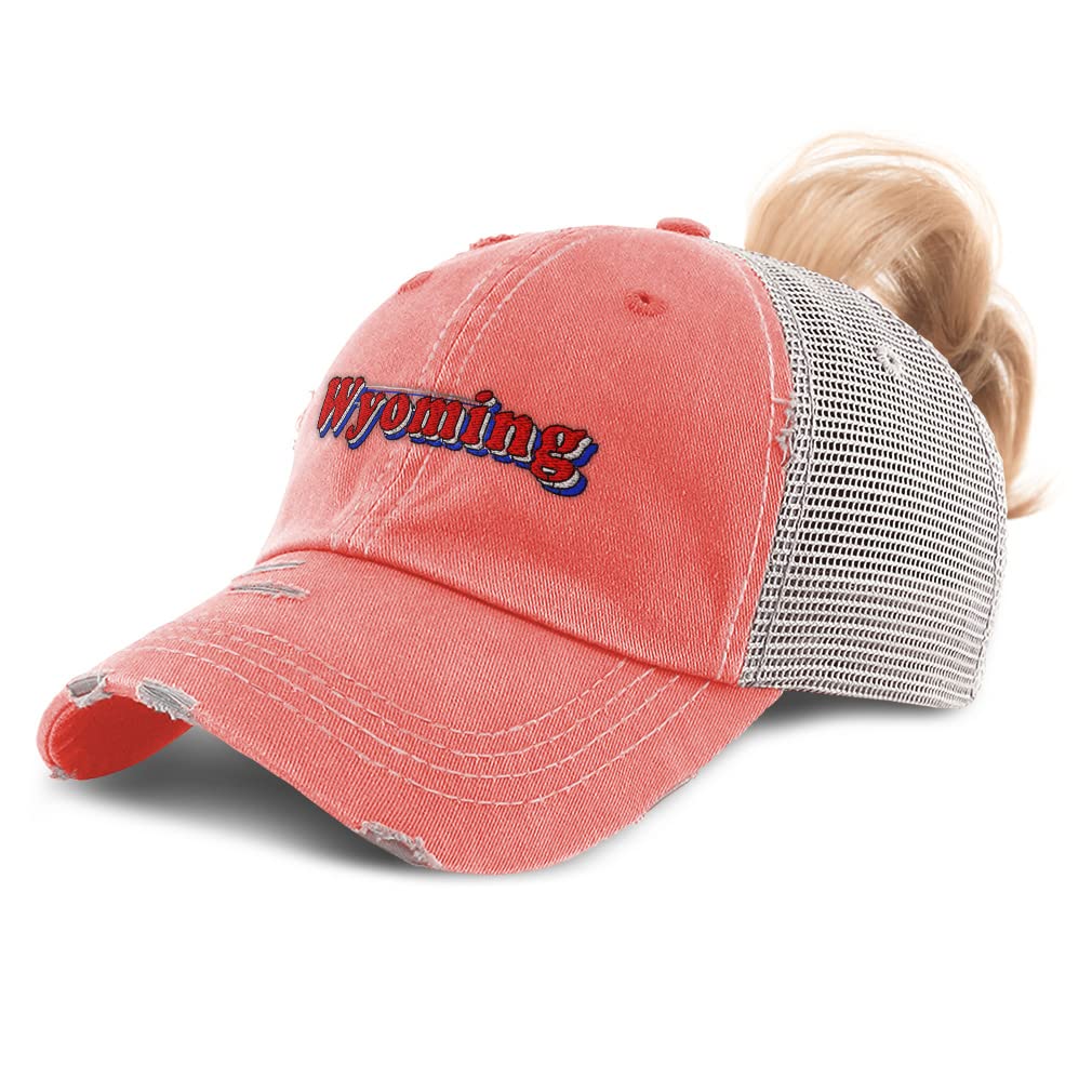 Women's Ponytail Cap - Wyoming Love America Cotton USA Distressed Trucker Hat for Outdoor Activities & Casual Wear
