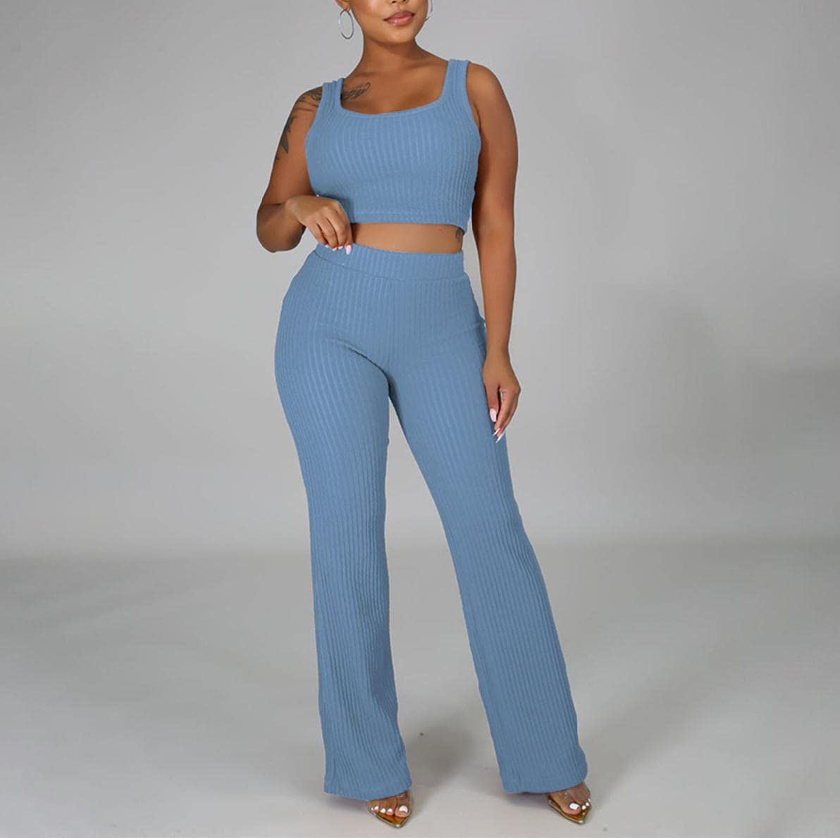 Women's 2 Piece Casual Outfit Set - Sleeveless Crop Top & High Waist Lounge Pants | Summer Athleisure Wear for Yoga, Gym, Running & Street Fashion