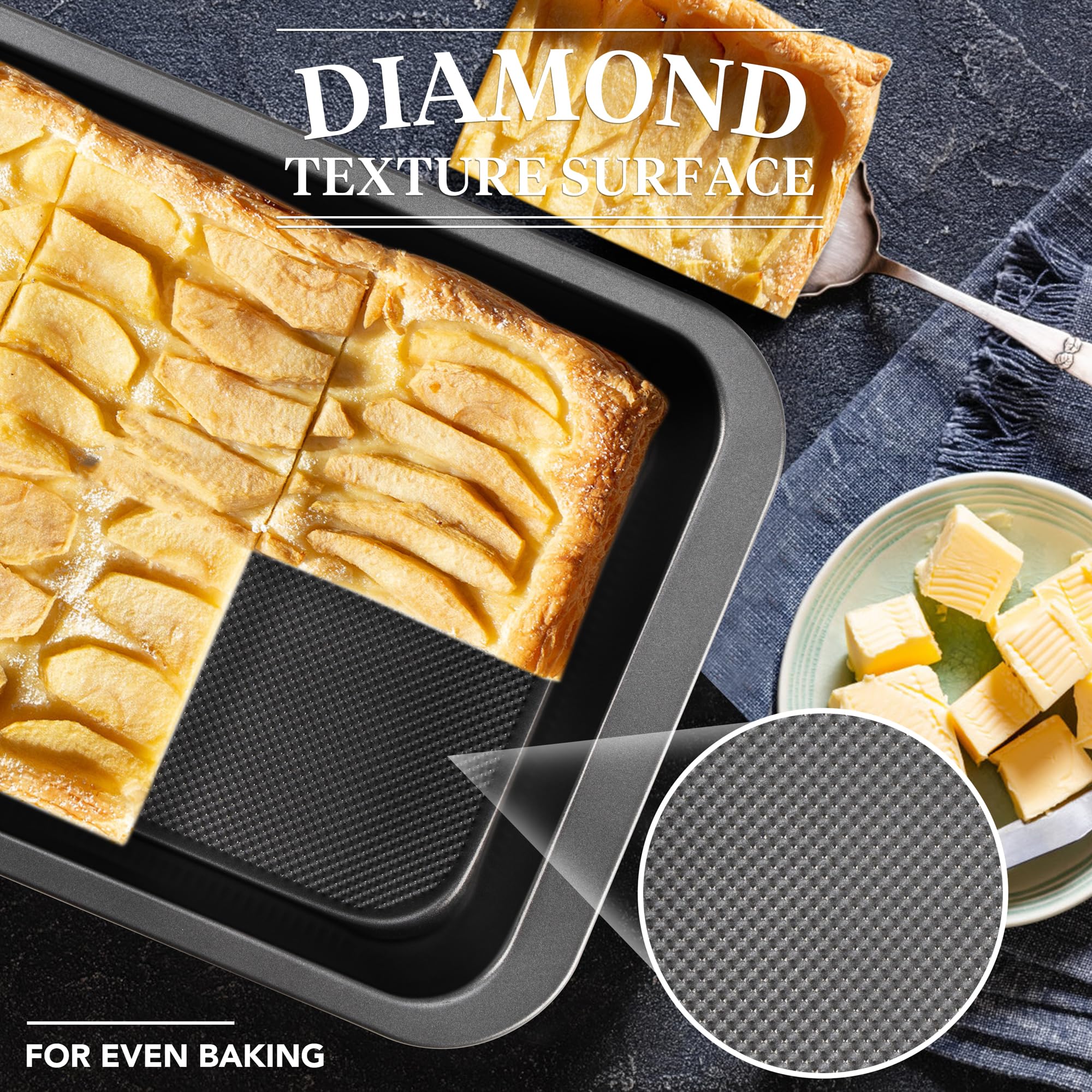 Nonstick Rectangle Cake Pan - Heavy Duty Baking Dish for Cakes, Bread, Brownies & Lasagna with Diamond Texture & Wide Handles - Perfect for Home Baking, Parties & Holiday Cooking