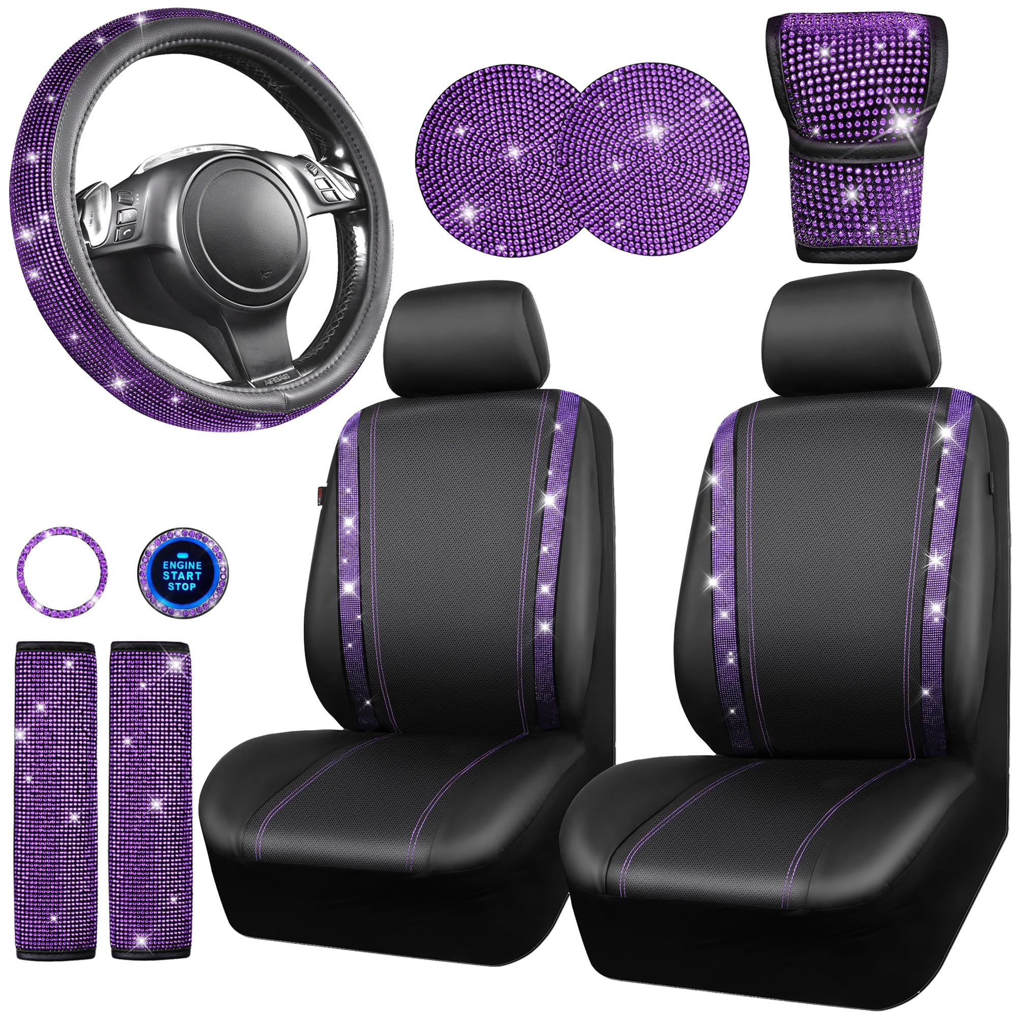 CAR PASS Bling Diamond Leather Car Seat Covers 11 PCS Set - Sparkly Rhinestone Steering Wheel Cover, Glitter Seat Belt Cushion & Cup Holder Coaster - Cute Purple Interior Car Accessories for Women & Girls | Perfect for Daily Commute, Road Trips & Gift Giving