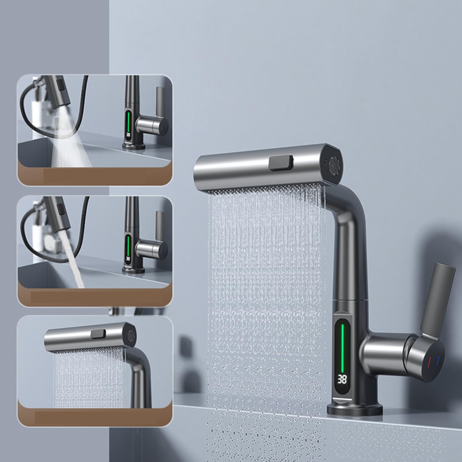 Brass Pull-Out Spray Bathroom Sink Faucet - Grey Mixer Tap with Hot & Cold Water Control - Perfect for Modern Bathrooms & Powder Rooms