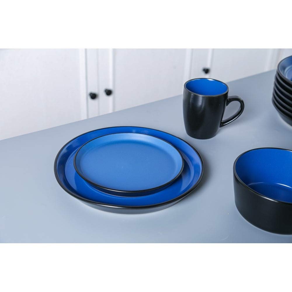 32-Piece Round Blue & Black Stoneware Dinnerware Set - Premium Heavy-Duty Material, 100% Dishwasher & Microwave Safe, Artfully Designed Plates, Bowls & Cups | Perfect for Everyday Dining, Dinner Parties & Restaurant Use