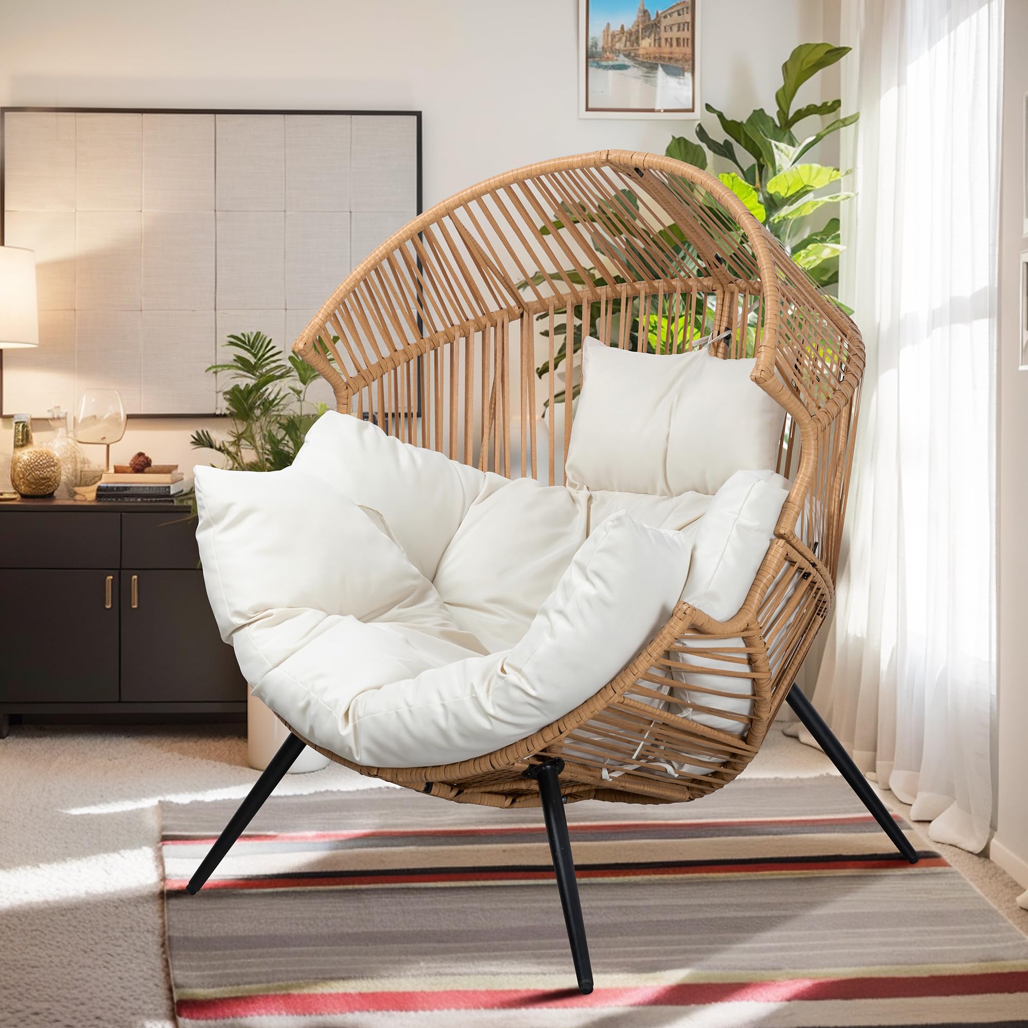 Vongrasig PE Rattan Egg Chair with Cushion - Oversized Wicker Hanging Chair for Patio, Garden, Balcony & Indoor Use - Comfortable Outdoor Lounge Chair in Beige - Perfect for Relaxing, Reading & Sunbathing