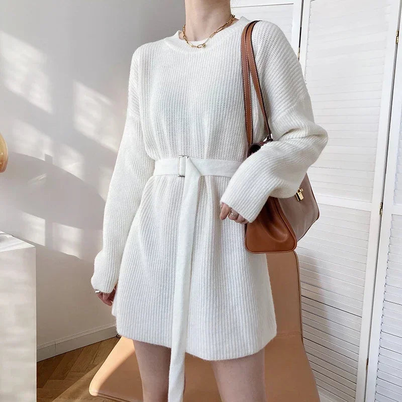 Women's Long Knit Sweater Dress - Oversized Winter Pullover with Belt, Korean Fashion, Thick O-Neck Design for Autumn & Winter | Perfect for Casual Outfits, Office Wear & Holiday Parties