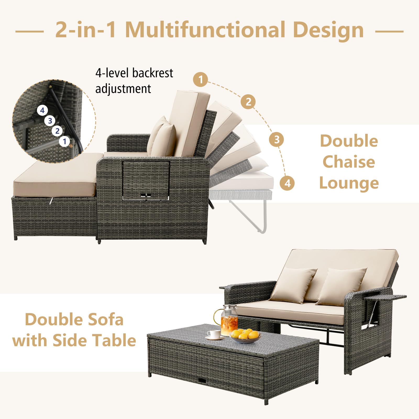 Tangkula Patio Rattan Daybed Set with Adjustable Backrest - Wicker Loveseat Sofa, Ottoman & Retractable Side Tray - Outdoor Furniture with Storage Footstool & Cushions - Perfect for Poolside, Garden or Patio Relaxation