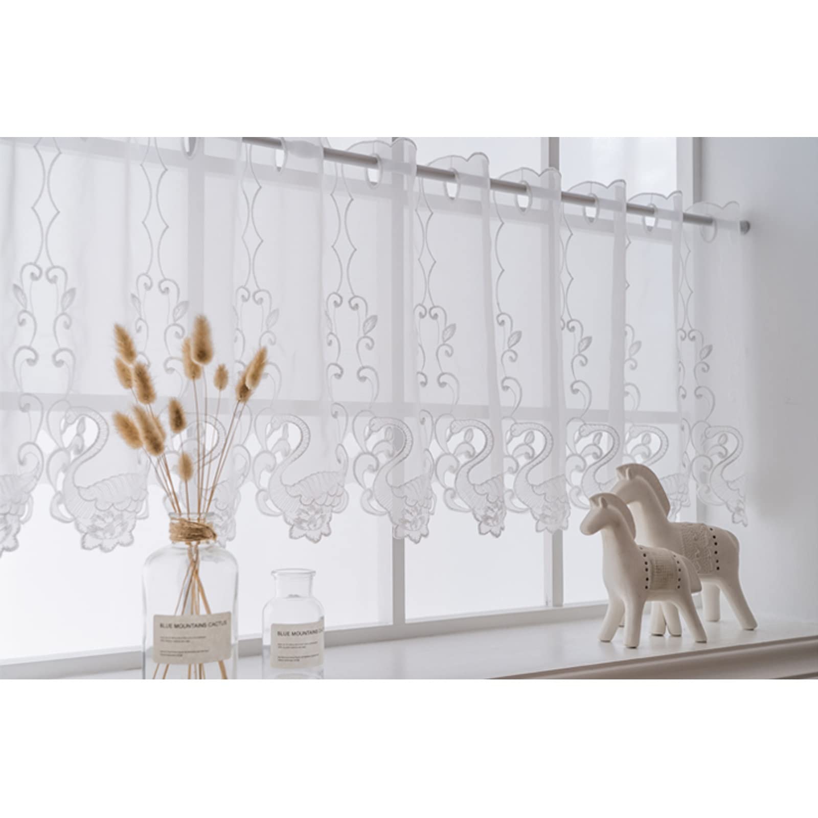 Semi Sheer Embroidered Window Valances - Soft, Durable & Breathable Short Curtain Panels 45x230cm for Living Room, Bedroom, Laundry Room - Perfect for Small Windows & Home Decor