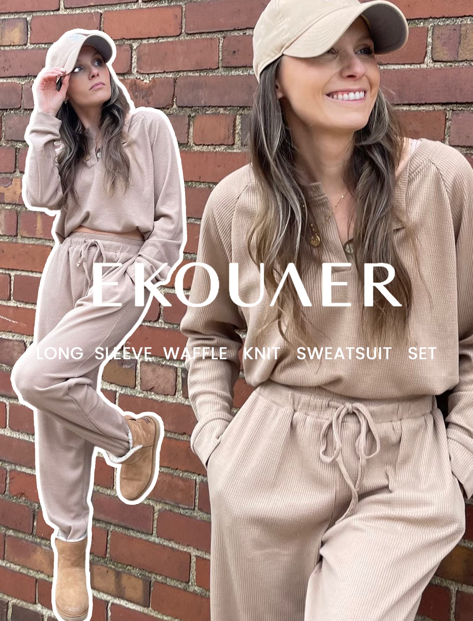 Ekouaer Women's Waffle Knit Pajama Set - Long Sleeve Sleepwear Top & Pants, Soft Casual Loungewear (S-XXL) | Cozy Winter Nightwear for Home Relaxation & Sleep
