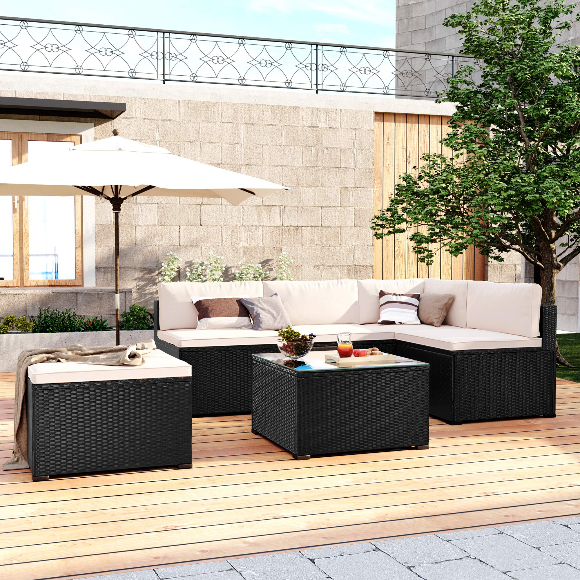 Merax 6-Piece All-Weather PE Rattan Patio Furniture Set - Outdoor Wicker Sectional Sofa with Coffee Table & Cushions (Black+Beige) - Perfect for Garden, Backyard, Poolside & Patio Relaxation