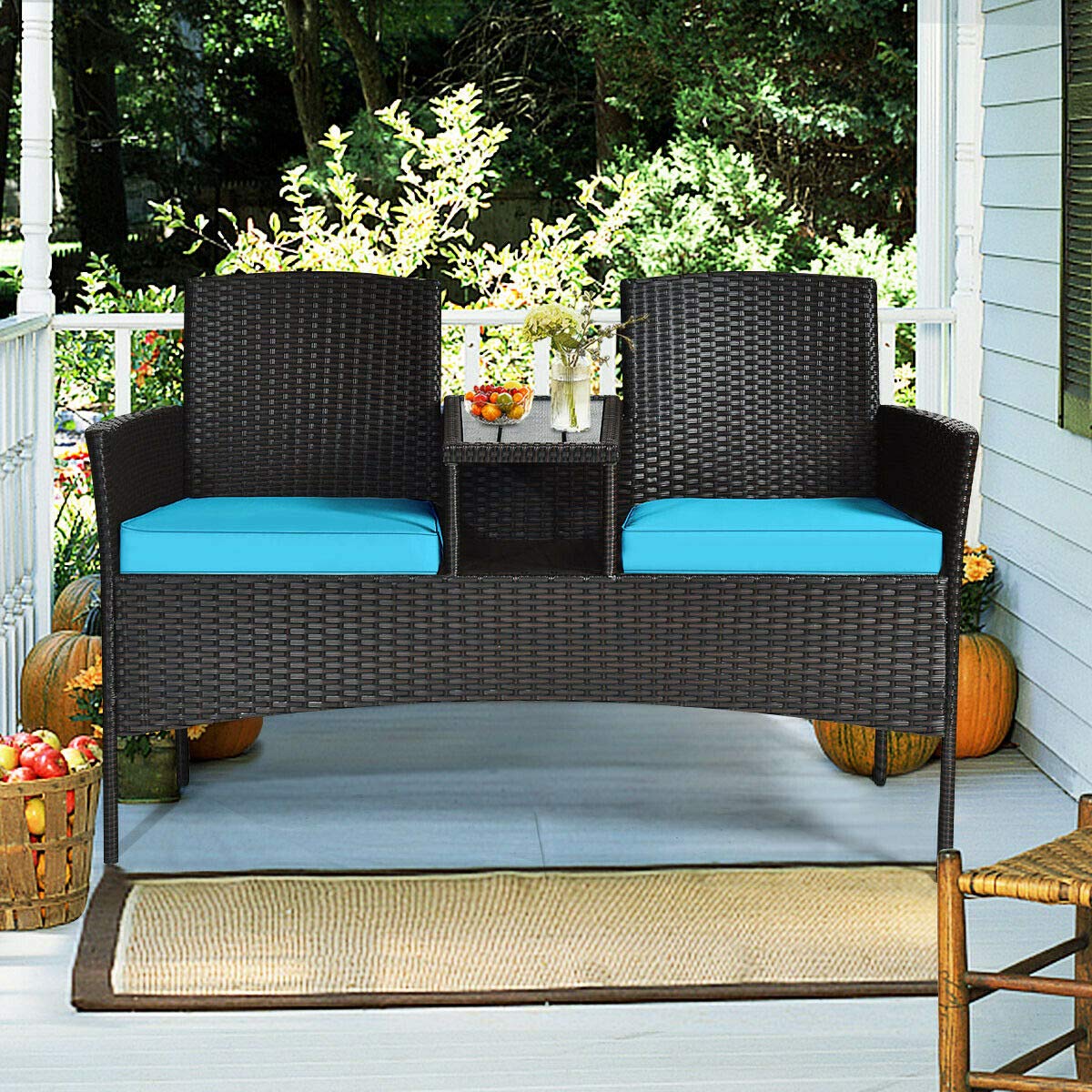 Relax4Life Rattan Wicker Outdoor Loveseat Set with Coffee Table & Removable Cushions - Patio, Garden, Balcony Furniture for Relaxing - Weather-Resistant Brown & Blue Conversation Seating for Backyard, Porch or Lawn