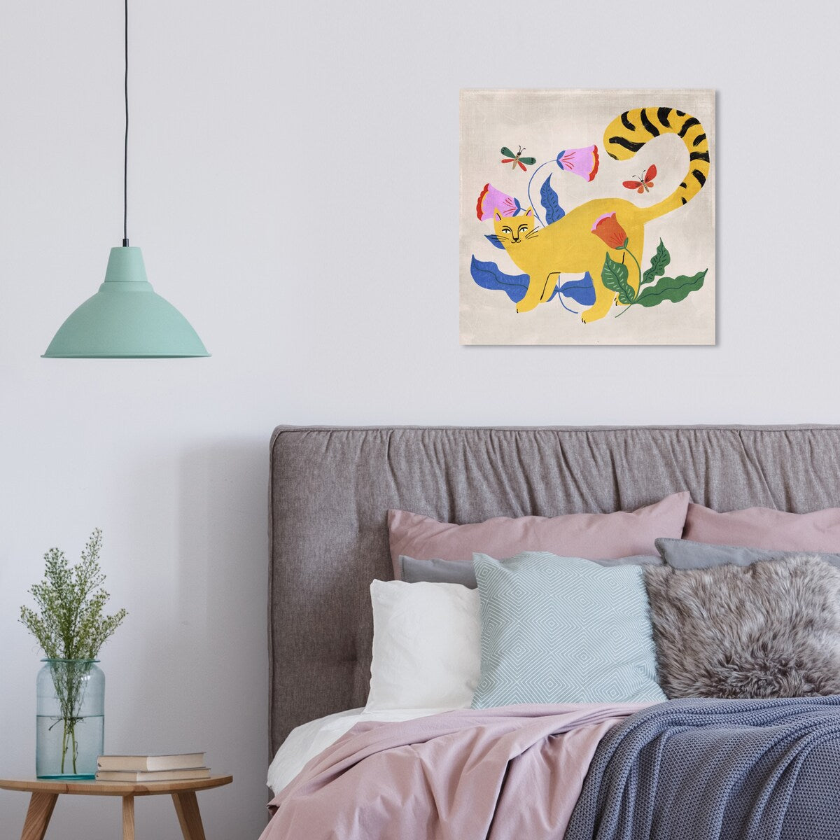 Blonde Tabby Floral Kitten Butterfly Garden Modern Yellow Canvas Wall Art Print - Vibrant Home Decor for Bedroom, Living Room & Nursery