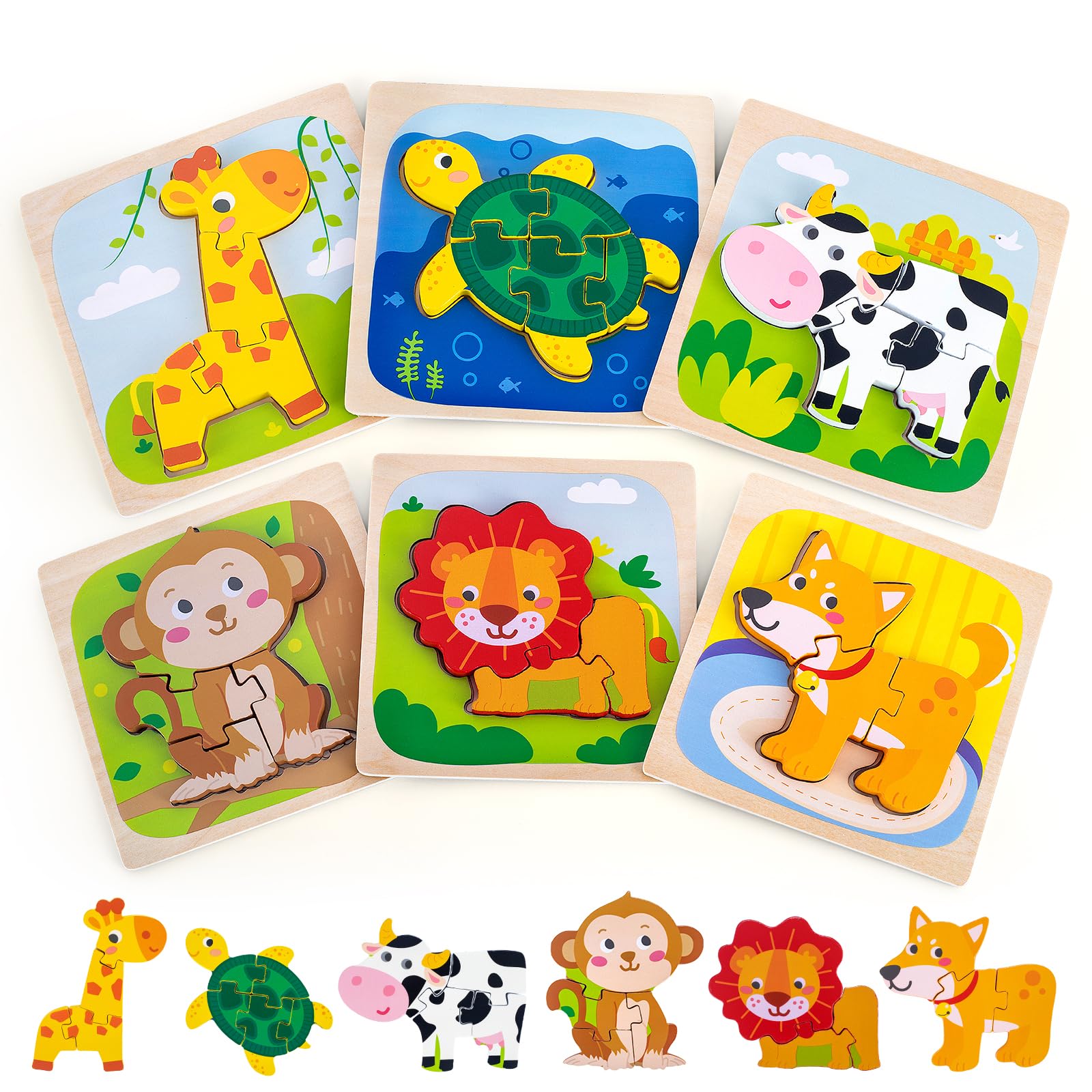 6 Pack Wooden Puzzles for Toddlers 1-3 Years Old - Montessori Educational Toys with Animal Patterns for Boys & Girls, STEM Learning Toys for 2 Year Olds - Perfect for Birthday Gifts, Preschool Learning & Early Childhood Development