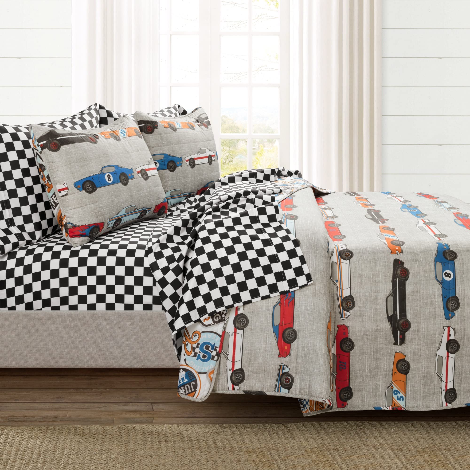 Lush Decor Race Car Kids' 7-Piece Oversized Reversible Quilt Bedding Set for Boys - Blue & Orange Full/Queen Size - Perfect for Boys' Bedroom Decor & Race Car Themed Rooms
