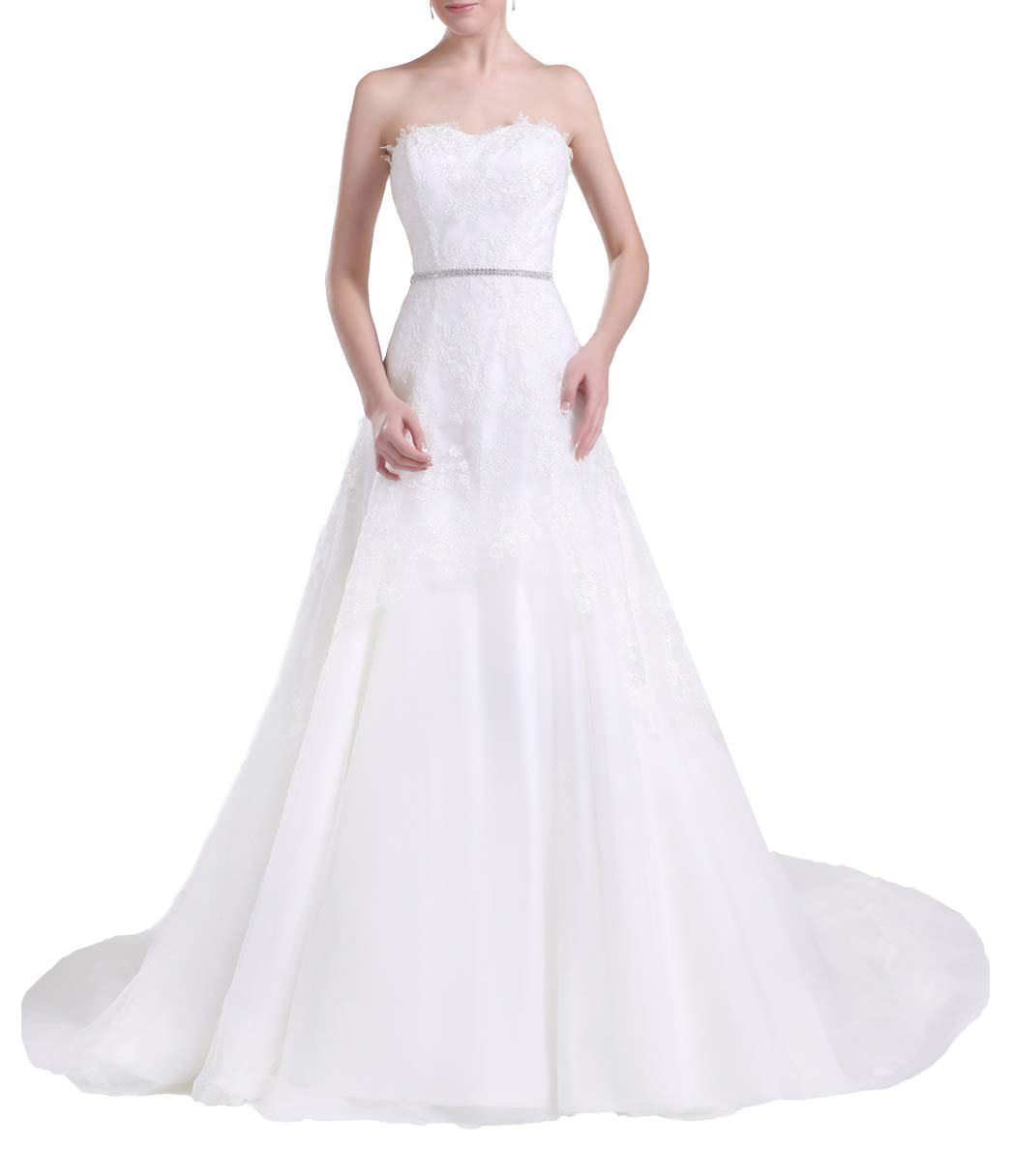 Sweetheart Neckline Wedding Dress with Lace Appliques & Beaded Details - Strapless Tulle Corset Bridal Gown for Bride | Perfect for Beach Weddings, Church Ceremonies & Romantic Vows