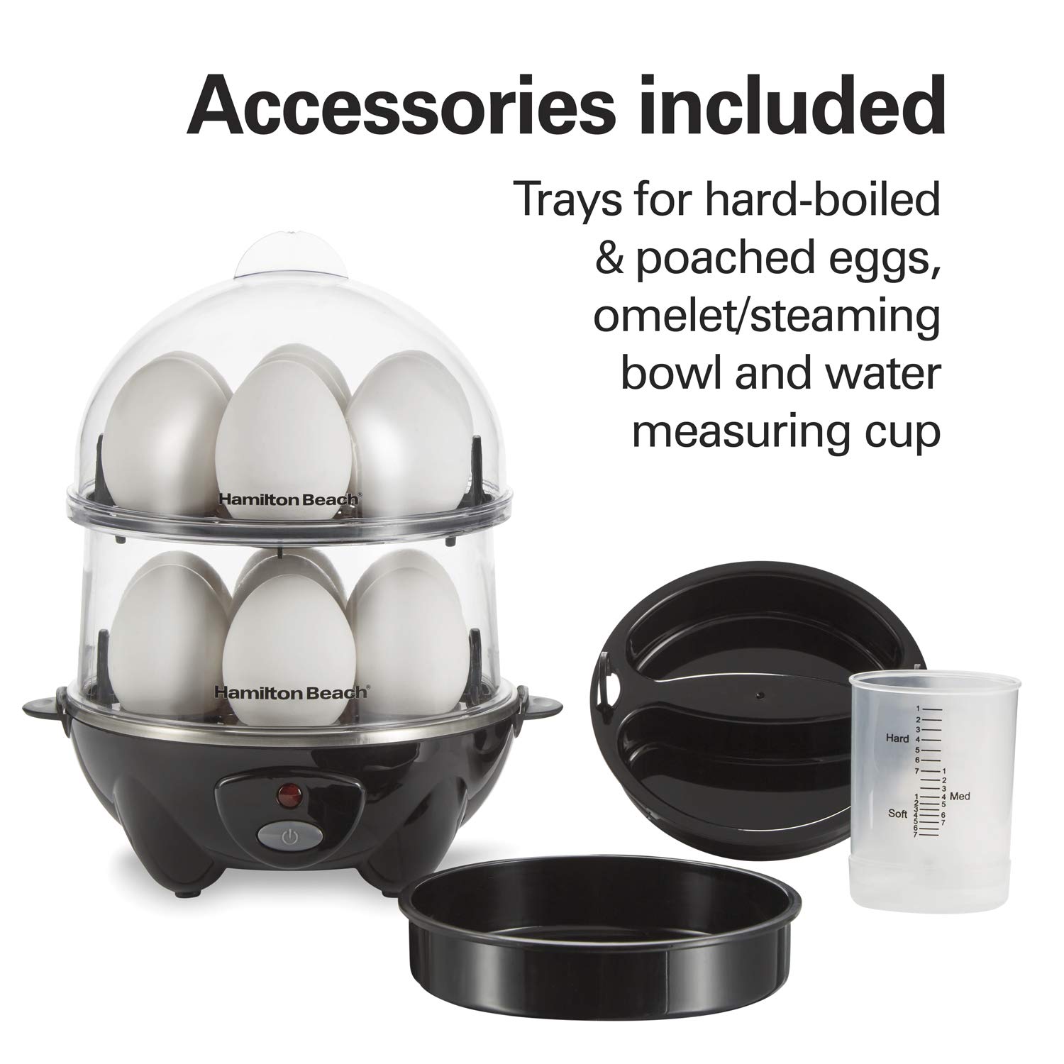 Hamilton Beach 3-in-1 Electric Egg Cooker - Hard Boiled Eggs, Poached Eggs & Omelet Maker with Vegetable Steamer, 14 Egg Capacity, Black (25508) - Perfect for Breakfast Meal Prep & Healthy Cooking