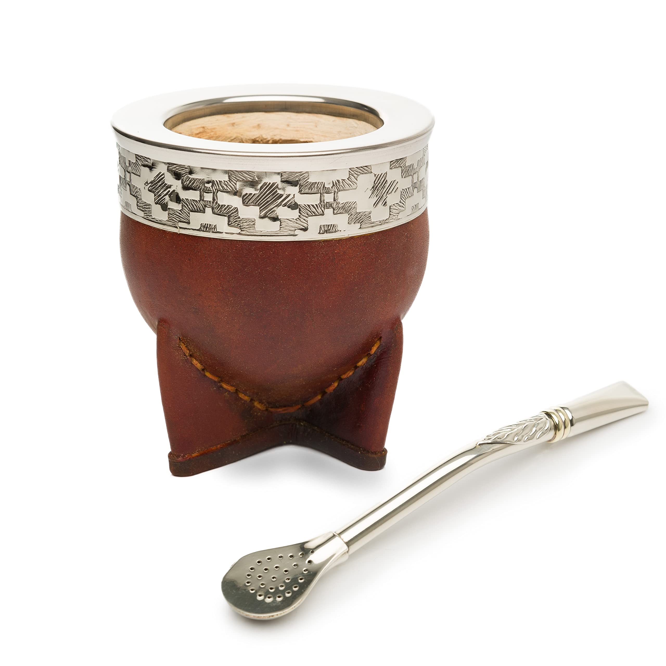 Premium Yerba Mate Gourd Set with Stainless Steel Bombilla Straw - Authentic Handcrafted Leather Cup from Argentina - Perfect for Beach, Travel & Outdoor Adventures - Great Gift Idea for Tea Lovers - Traditional Mate Drinking Experience
