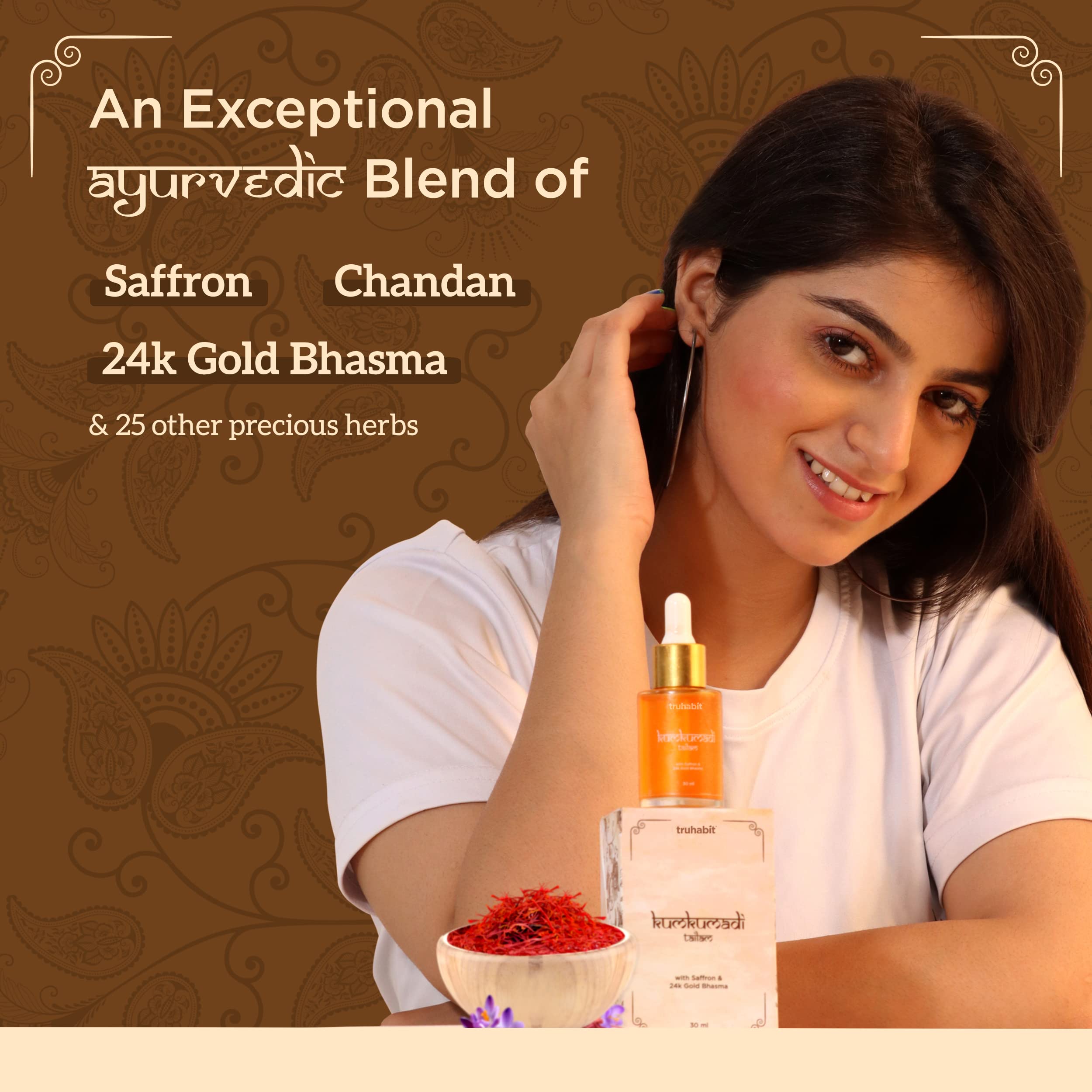 Truhabit Kumkumadi Face Oil (30ml) - Ayurvedic Saffron & 24K Gold Bhasma Serum for Glowing, Brightening & Whitening Skin - Best for Dull Skin Care & Nighttime Facial Treatment
