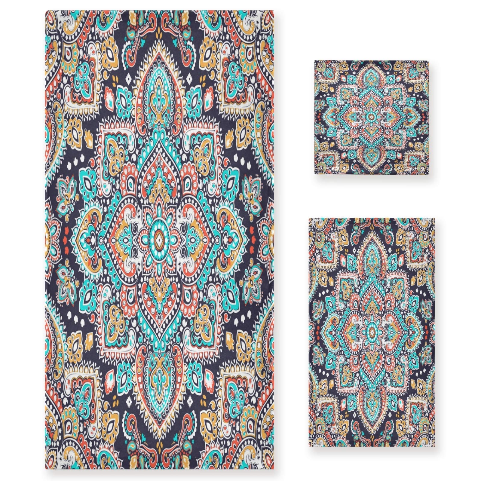 Qilmy Paisley Medallion Bath Towels Set - Ultra Absorbent & Soft 3-Piece Towel Set for Home & Hotel Decor | Perfect for Spa, Bathroom & Guest Use