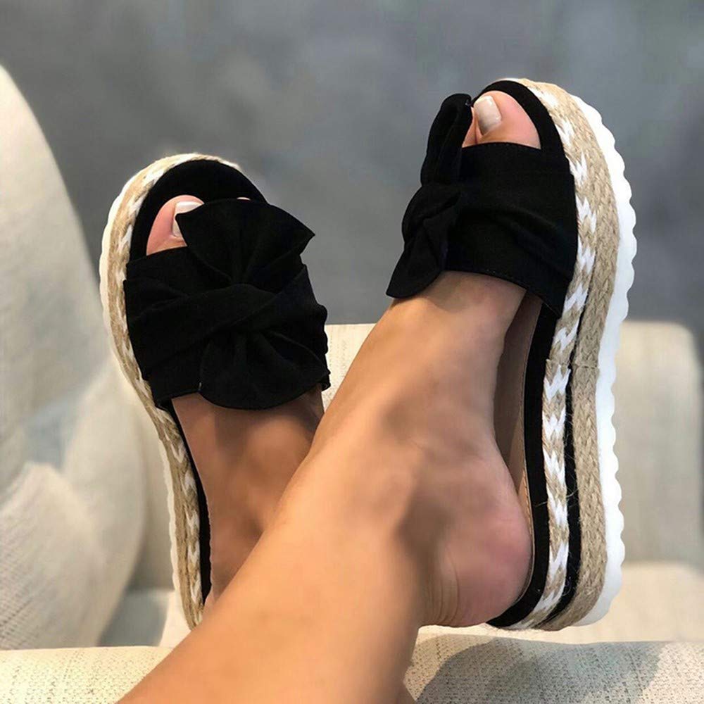 Women's Summer Floral Platform Sandals with Thick Sole - Comfortable Bow Slides for Beach, Pool, and Indoor Use - Size 43 Black