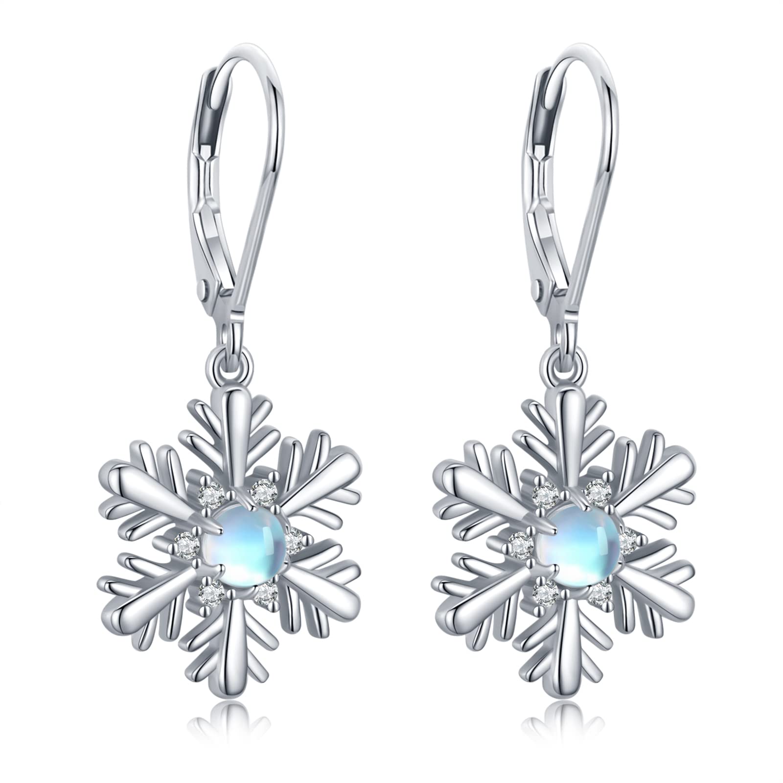 925 Sterling Silver Snowflake Dangle Earrings with Moonstone | Hypoallergenic Winter Jewelry for Women & Girls | Perfect Christmas Gift & Holiday Party Accessory