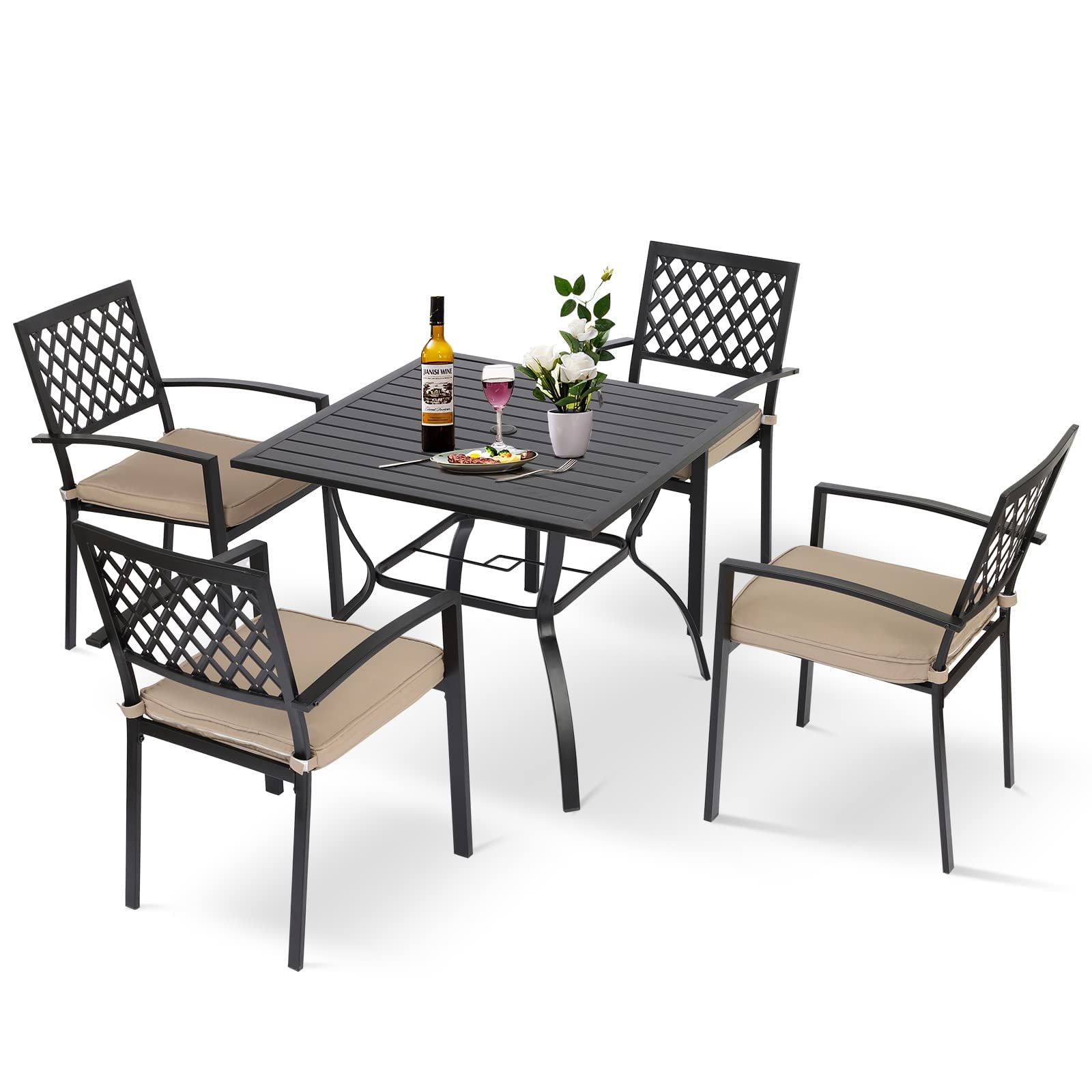 TITIMO 5-Piece Cast Iron Patio Dining Set with 4 Steel Folding Chairs & Square Outdoor Table - Khaki Cushion Included - Perfect for Backyard, Garden, Poolside & Outdoor Entertaining