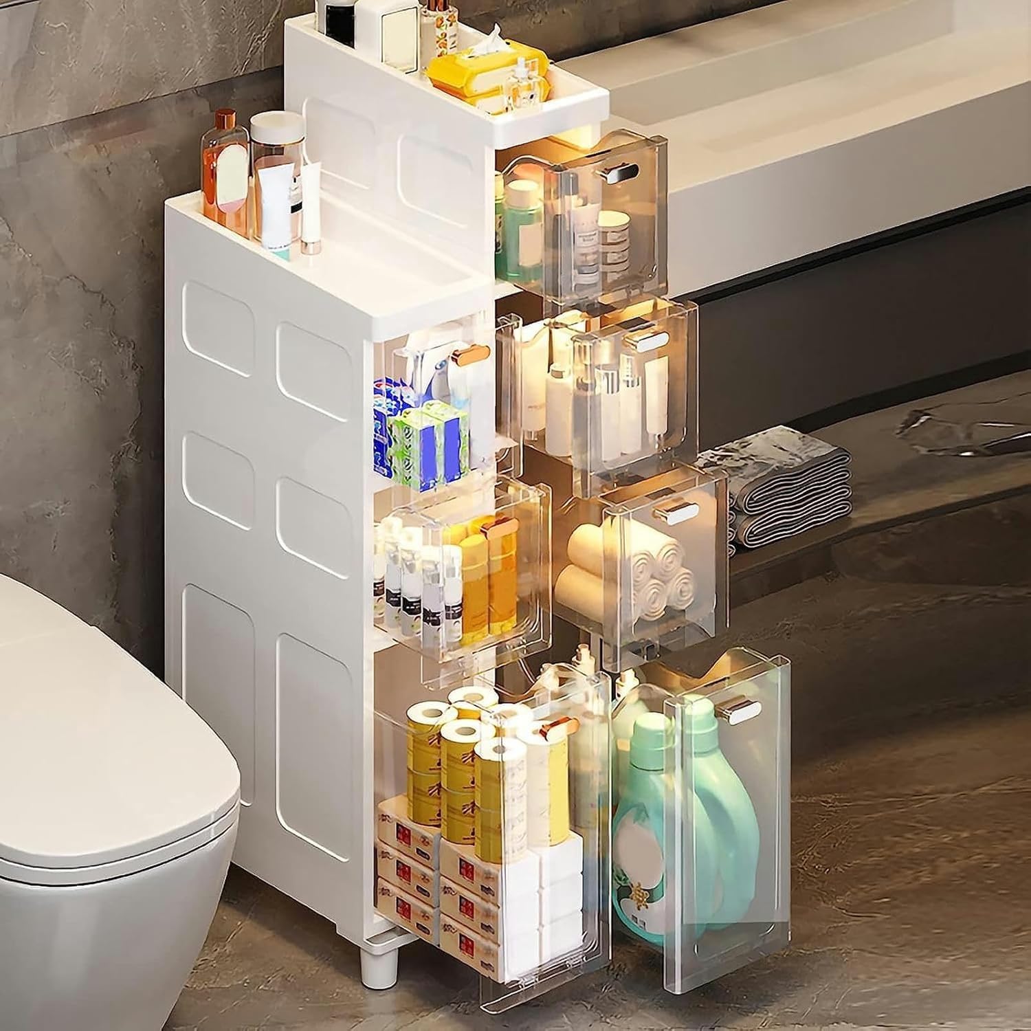 Stackable Narrow Tall Slim Storage Cabinet with Plastic Drawers & Casters - 3/4/5 Tier Floor Organizer for Bathroom, Kitchen, Office | Sturdy Toilet Paper & Household Item Storage Solution