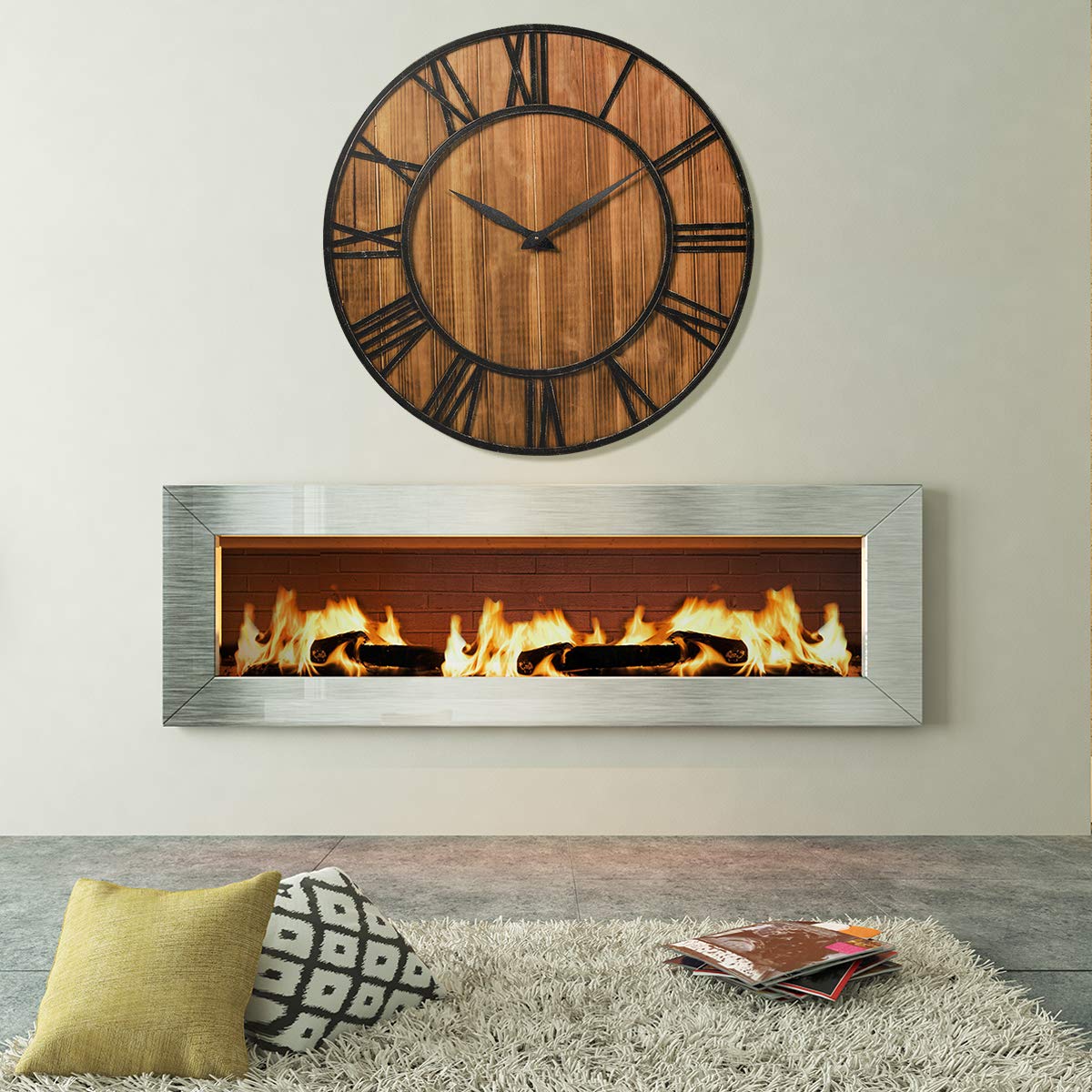 Tangkula 27.5 Inch Round Wall Clock - Farmhouse Large Wall Clock with Roman Numerals, Decorative Wooden Clock for Home & Office - Rustic Bronze Brown Wall Clock with AA Battery Included - Perfect for Living Room, Bedroom, Kitchen Decor