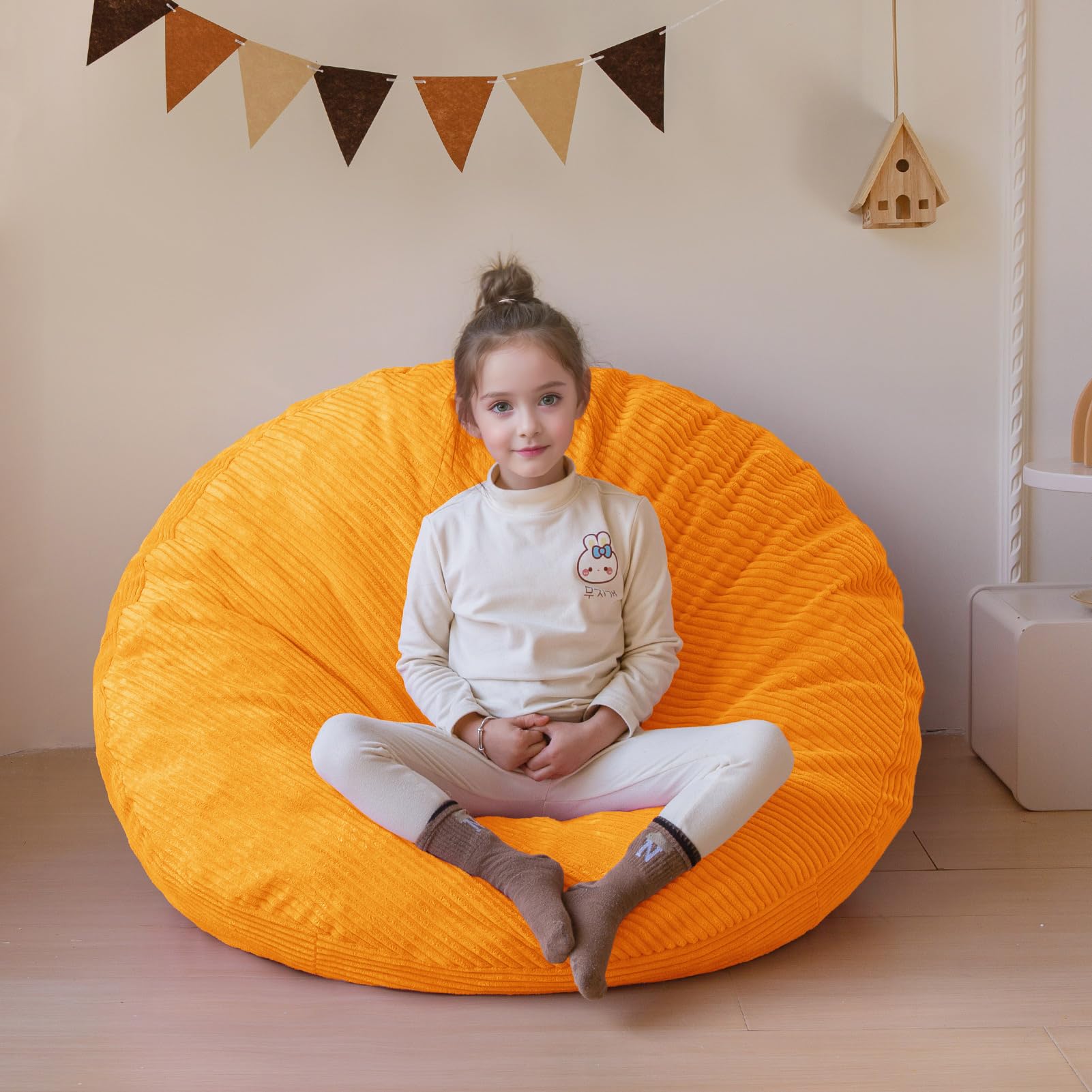 MAXYOYO 3-in-1 Convertible Kids Bean Bag Chair & Bed - Corduroy Round Floor Sofa for Children's Room, Gaming & Reading - Orange (Perfect for Playrooms, Bedrooms & Dorm Rooms)