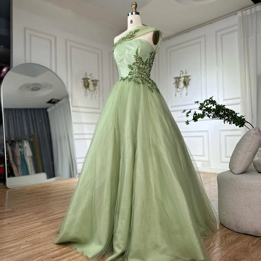 Elegant One Shoulder Sage Green Dubai Luxury A-Line Appliques Long Arabic Evening Gown LA72783 for Formal Events, Weddings & Red Carpet Occasions