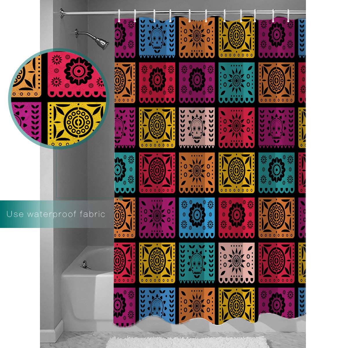 Day of The Dead Paper-Cut Art Shower Curtain Set - 36 x 72 Inch Waterproof Polyester Fabric Bathroom Shower Curtain with Liner for Shower Stall & Bathtub - Perfect for Halloween, Dia de Los Muertos Decor & Gothic Bathroom Themes