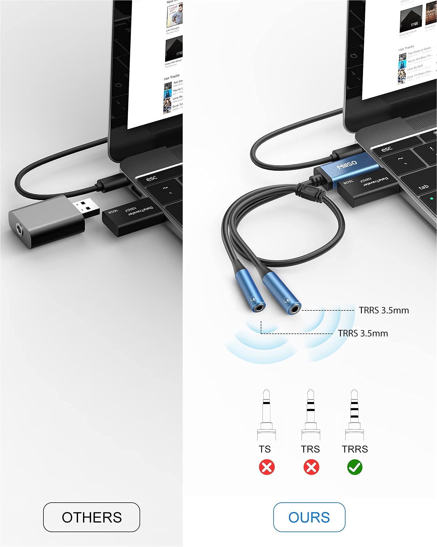 MillSO 3.5mm Headset Splitter Adapter - USB to Dual TRRS Audio Jack for 2 Headphones or Microphones, External Stereo Sound Card (Sapphire Blue) - Perfect for Gaming, Online Meetings & Music Sharing