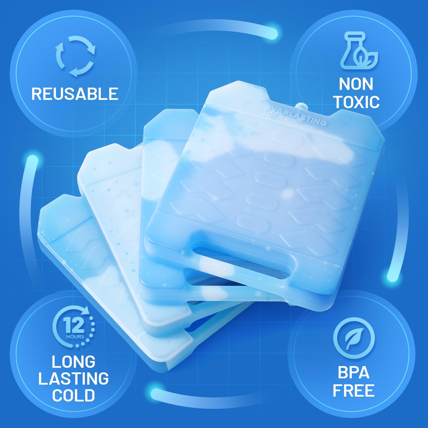 Everlasting Ice RX Large Reusable Ice Packs (4 Pack) - BPA Free, Long-Lasting Cooling for Coolers, Lunch Boxes & First Aid | Perfect for Camping, Fishing, Hiking, Beach Trips & Outdoor Adventures