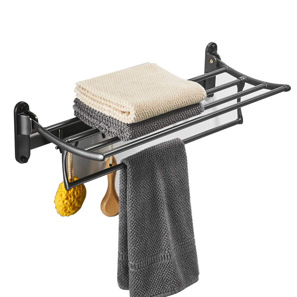 Premium Oil Rubbed Bronze 4-Piece Bathroom Accessory Set - Includes Towel Racks, Foldable Shelf with Towel Bar Holder & Hooks - Perfect for Modern Bathrooms, Guest Suites & Spa-Style Decor