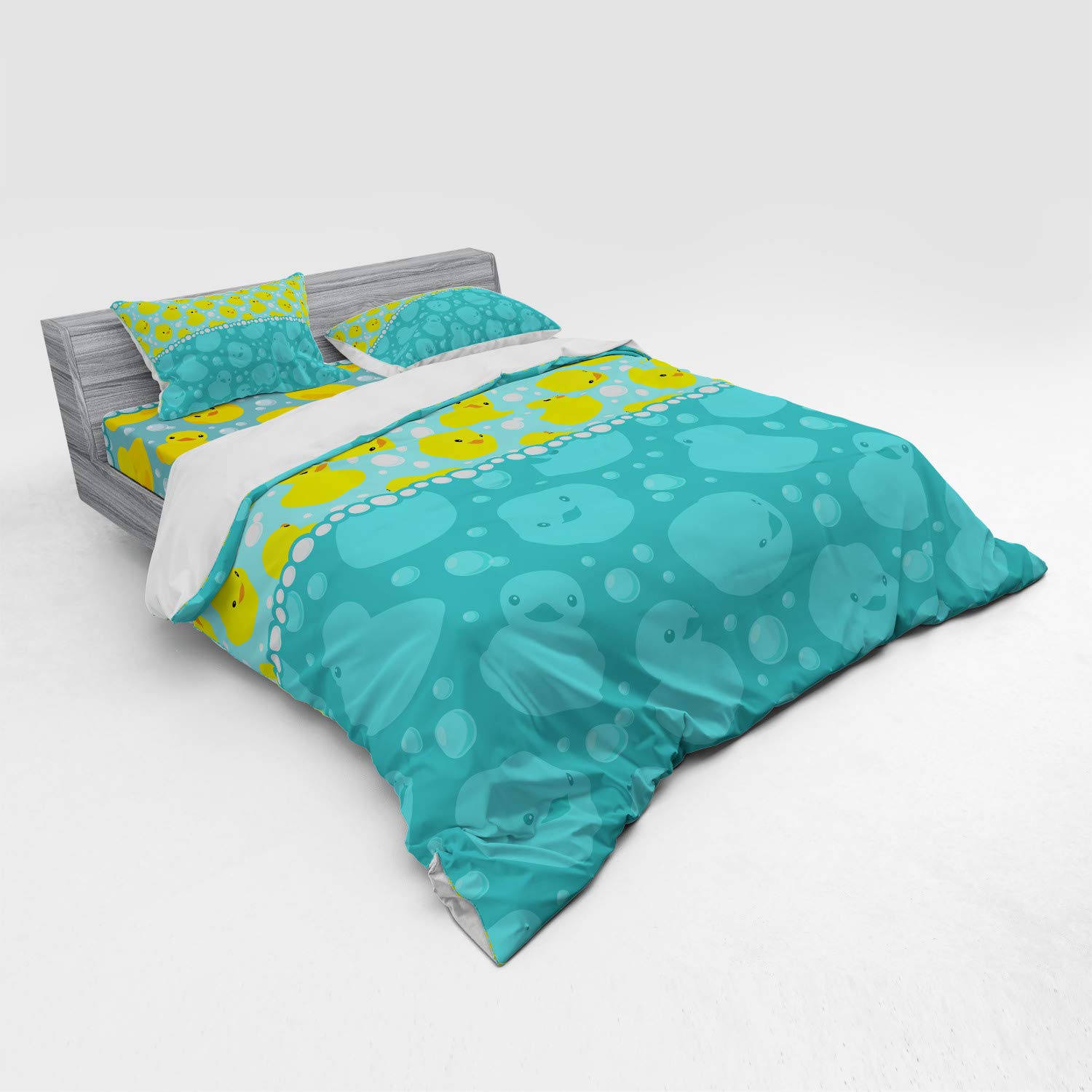 Ambesonne Rubber Duck Duvet Cover Set - King Size 4-Piece Bedding with Shams & Fitted Sheet, Fun Cartoon Duckies Swimming in Water Pattern with Bubbles in Aqua Teal Blue | Perfect for Kids' Rooms, Nursery Decor or Whimsical Bedroom Themes