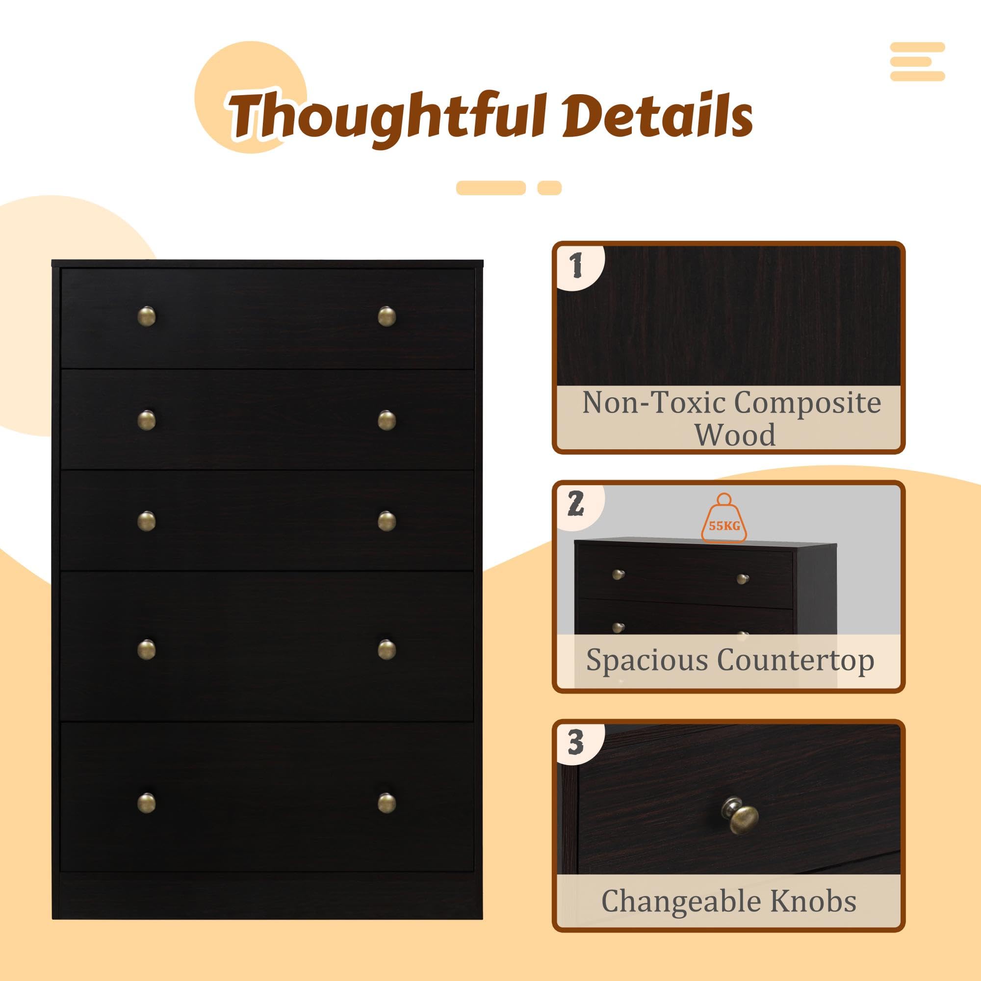 5-Drawer Dresser for Bedroom - Large Wooden Storage Organizer with Espresso Finish - Perfect for Closet, Living Room, Nursery & Hallway Organization