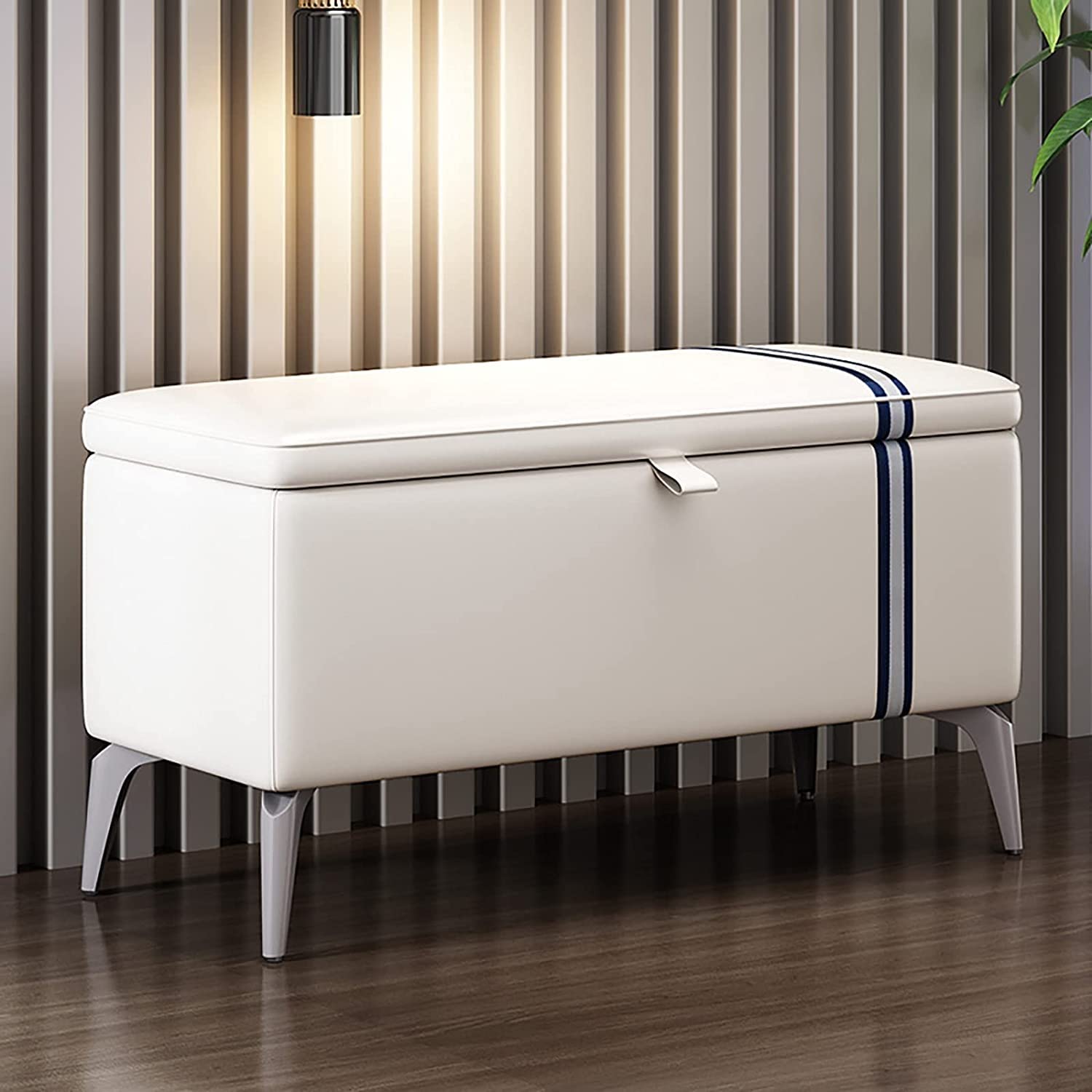 Modern White Leather Storage Ottoman Bench - 60x35x45cm Rectangle Entryway Shoe Bench with Padded Seat, Solid Wood Storage Trunk | Multifunctional for Living Room, Bedroom & Hallway Organization