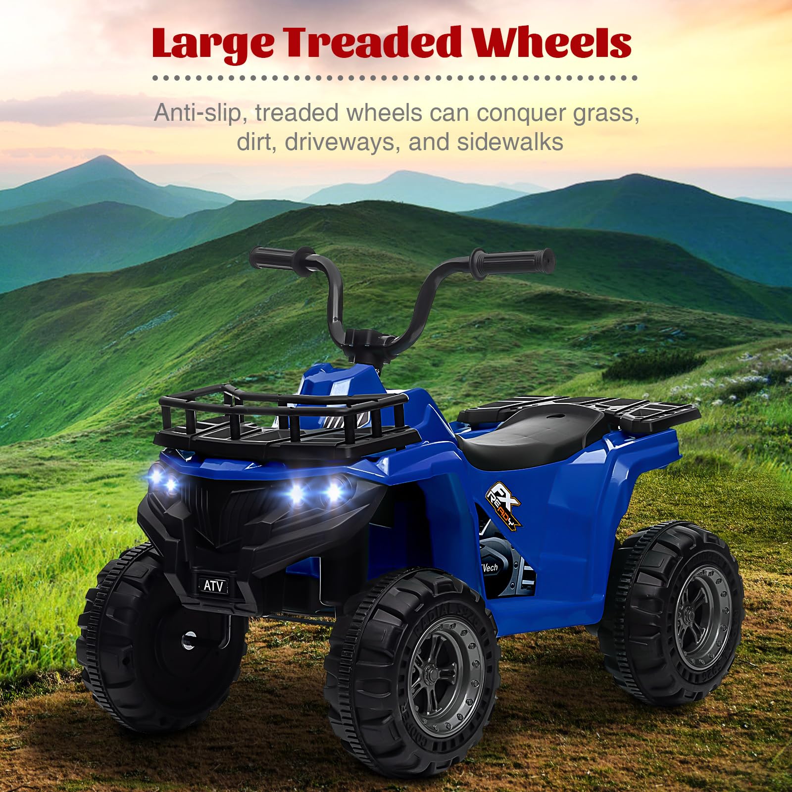 GARVEE 12V Kids Electric ATV Quad Ride-On Car Toy with Bluetooth Audio, 2-Speed Modes, LED Headlights & Battery Indicator - Orange/Blue - Perfect for Outdoor Play, Backyard Fun & Birthday Gifts for Boys & Girls Ages 3-8