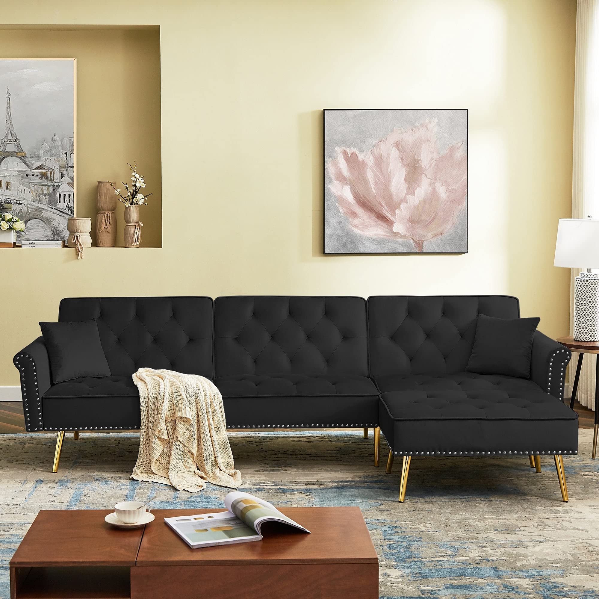 Modern Velvet Upholstered Reversible L-Shaped Sectional Sofa Bed with Ottoman - Black Contemporary Manual Recliner for Living Room, Home Theater & Small Spaces