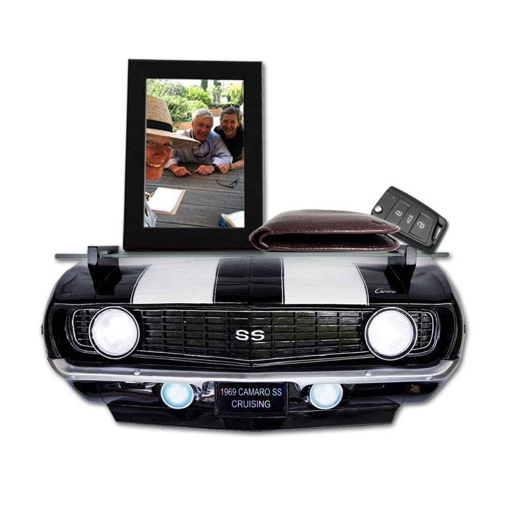 1969 Chevrolet Camaro SS Floating Wall Shelf - Black with White Stripes - 19.5x6x8 Inches - Tempered Glass with Battery Powered LED Headlights - Perfect Chevy Car Decor & Muscle Car Gift for Men - Ideal for Garage, Man Cave, or Car Enthusiast Bedroom Decor