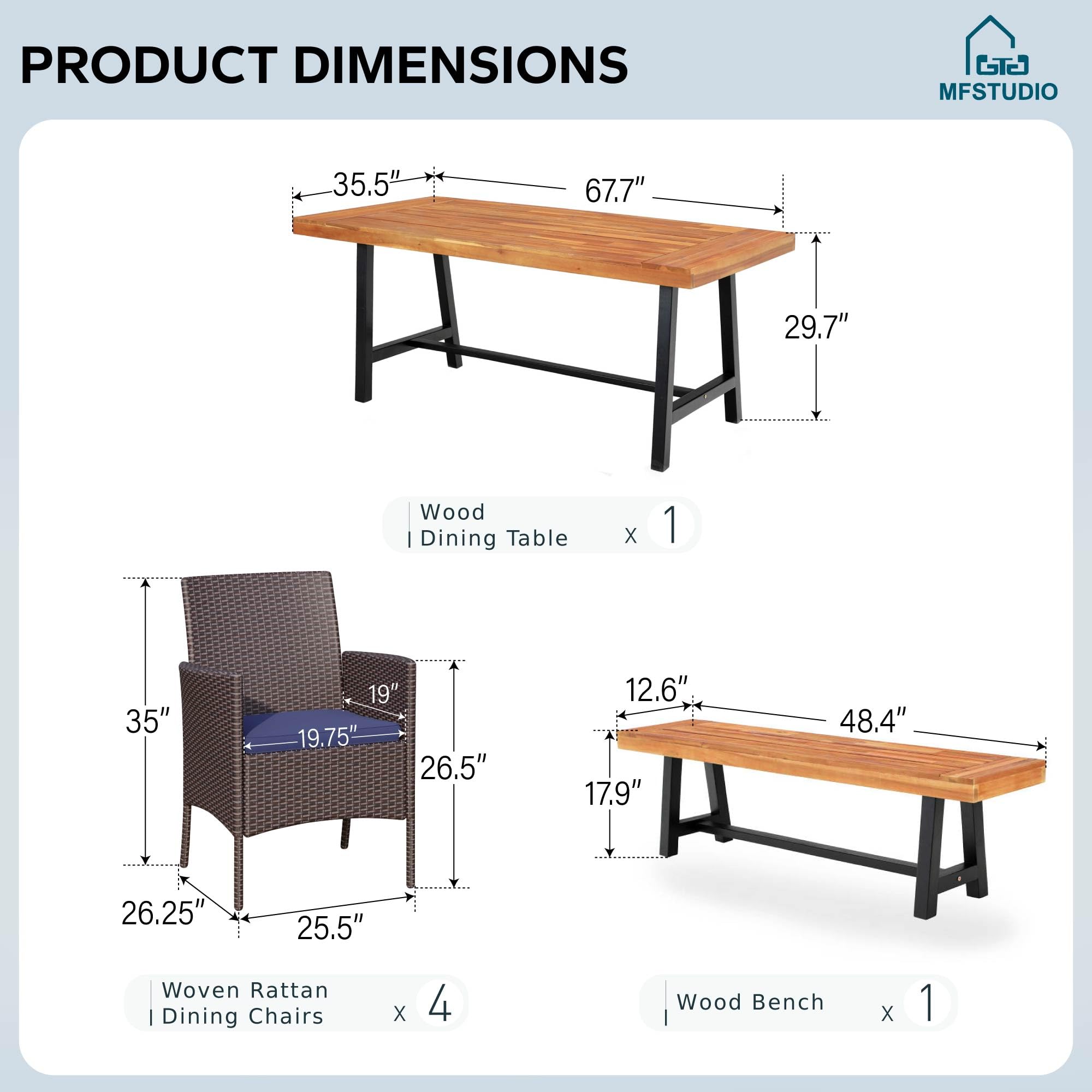 MFSTUDIO 6-Piece Acacia Wood Wicker Patio Dining Set with Table, 4 Chairs & Bench - Outdoor Furniture for Garden, Backyard, Poolside - Weather-Resistant Dining Table & Chairs for Entertaining