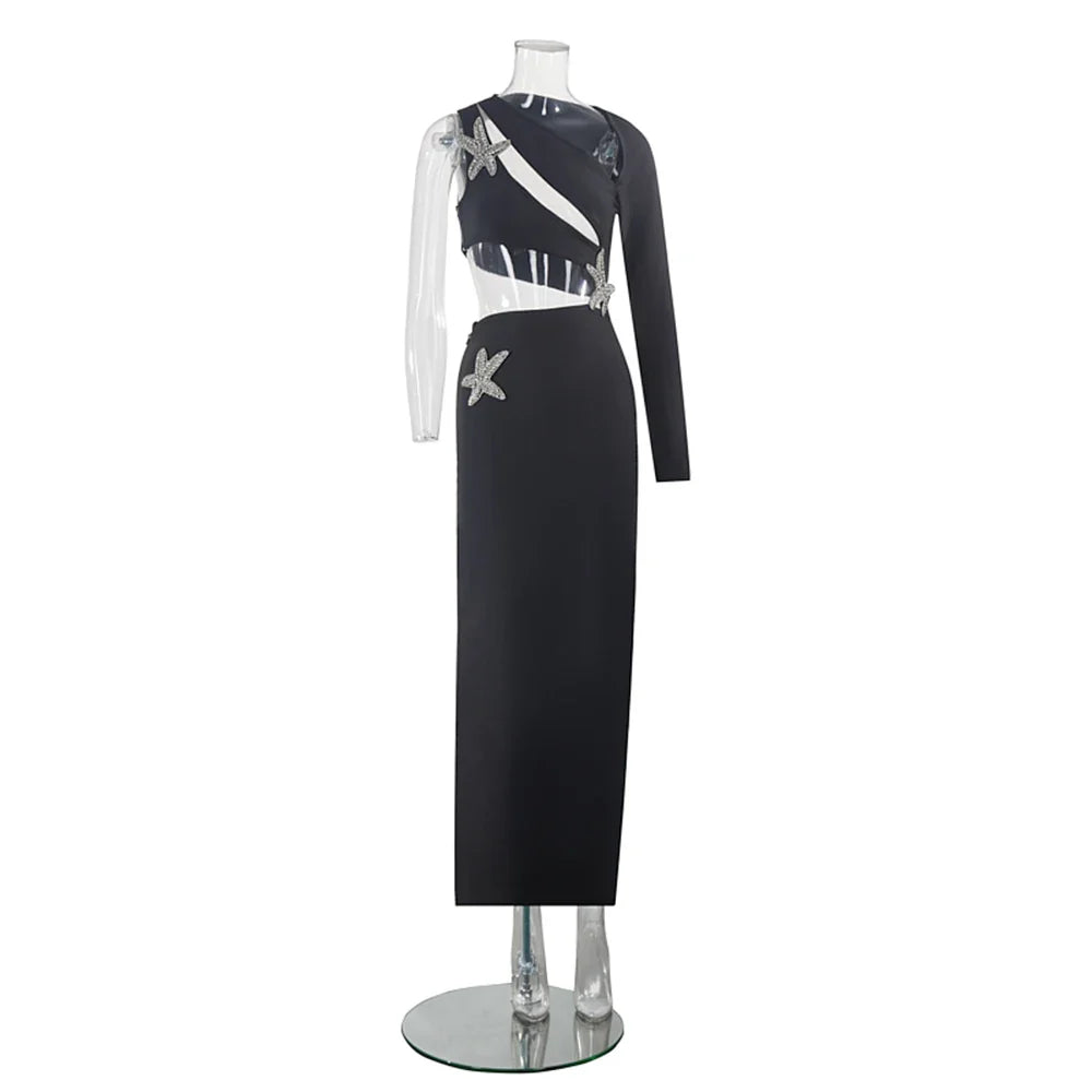 Sexy Hollow-Out Diamond Starfish Long Sleeve Bandage Dress for Women - Elegant Black Bodycon Party Dress for Celebrity Events, Night Out, Clubwear and Special Occasions