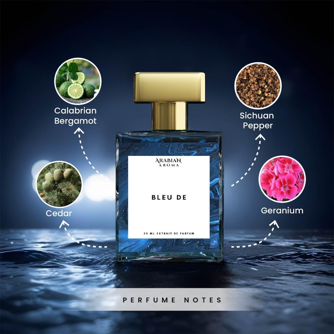 Premium Luxury Arabian Aroma Perfume for Men - Bleu De Cologne Long Lasting Fragrance with Citrus, Woody & Musky Notes - 50ml Extrait de Parfum - Perfect for Date Nights, Office Wear & Special Occasions