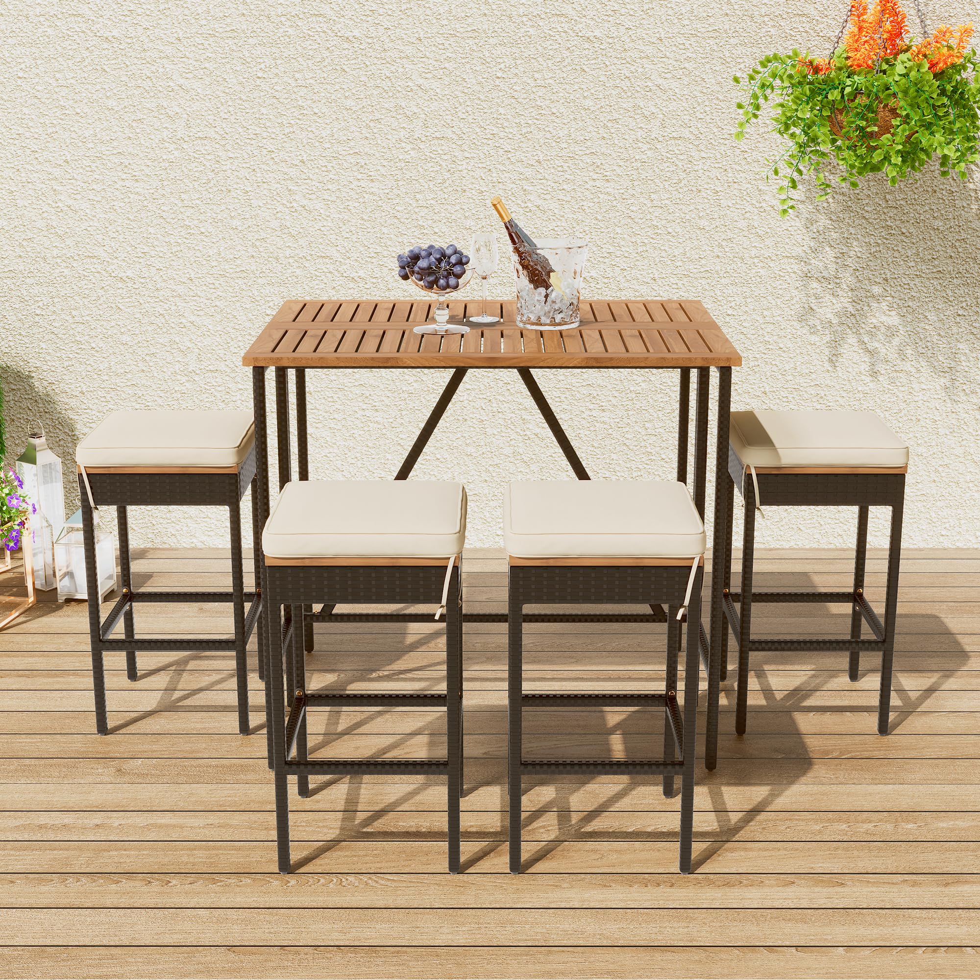 Quarte Modern 5-Piece Outdoor Patio Dining Set - PE Rattan Wicker Bar Set with 4 Square Stools & Acacia Wood Foldable Tabletop - High-Dining Bistro Set for Garden, Backyard, Balcony & Poolside Entertaining