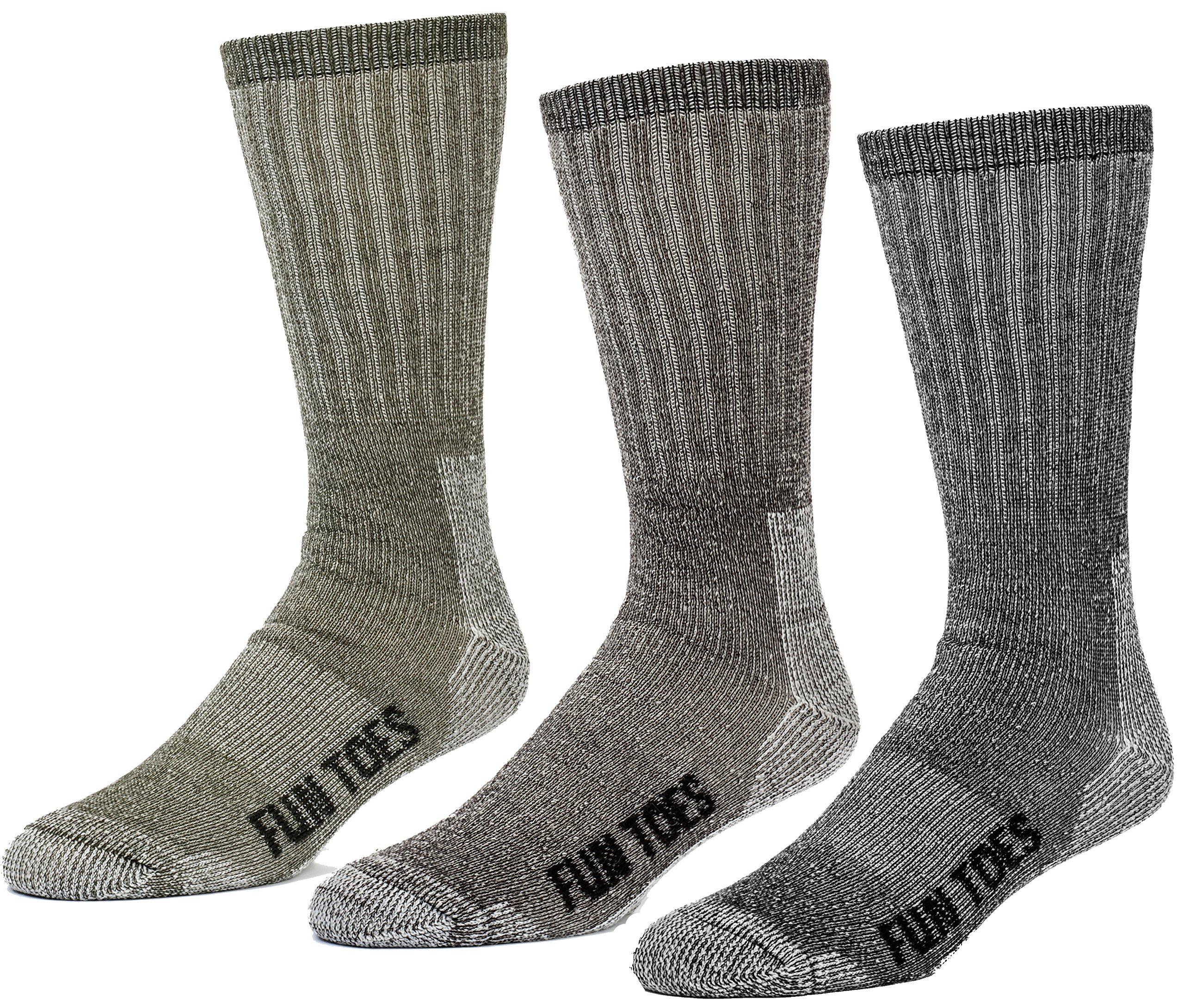 FUN TOES 3 Pairs Thermal Insulated 80% Merino Wool Socks for Men - Hiking & Outdoor Socks Size 8-12 - Warm Winter Socks for Camping, Trekking & Cold Weather Activities