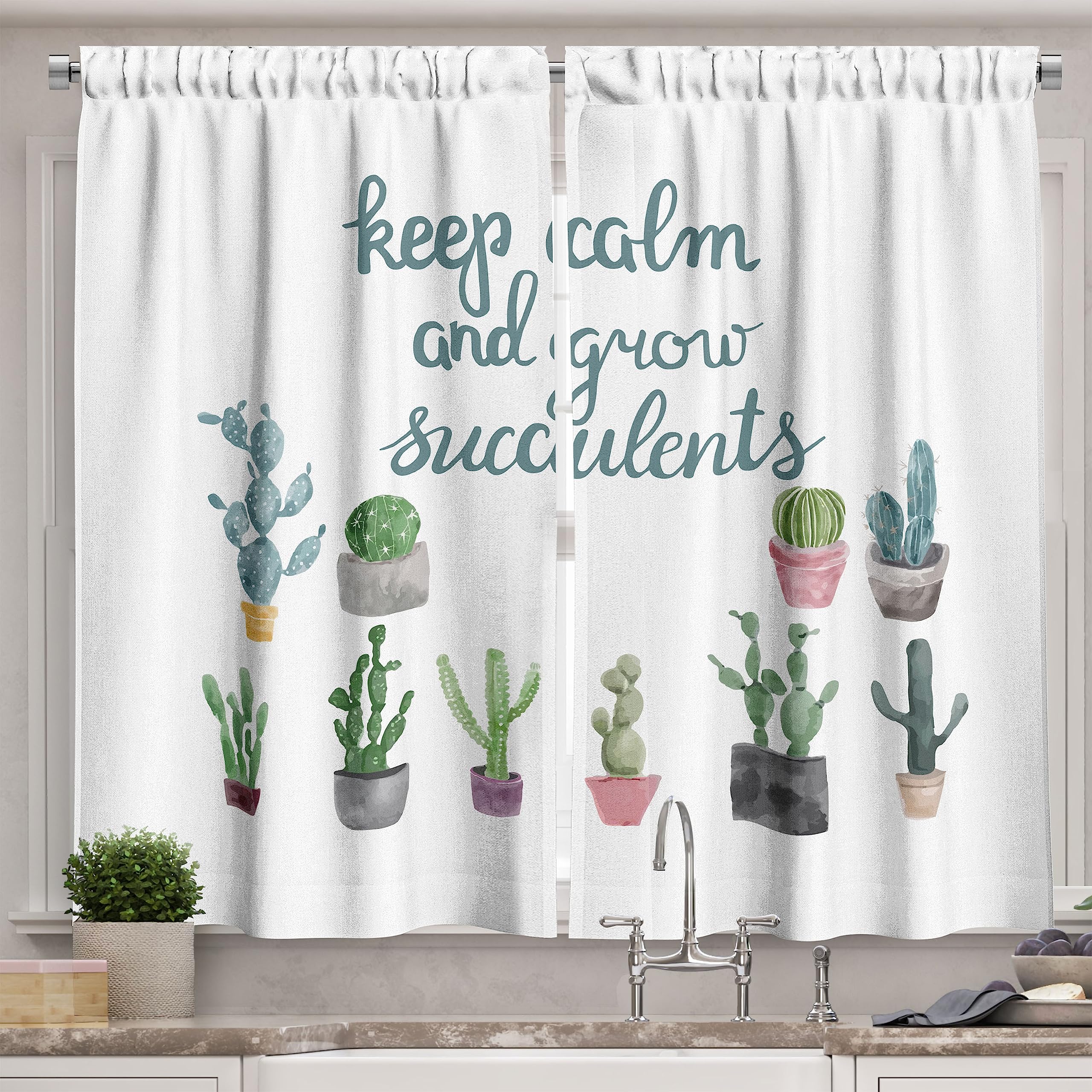 Ambesonne Keep Calm Long Kitchen Curtains - Watercolor Succulent Plant Design with Calligraphy, 2 Panel Rod Pocket Drapes for Windows (55x45 Inch, Dark Cadet Blue & White) - Perfect for Farmhouse, Cottage & Boho Home Decor