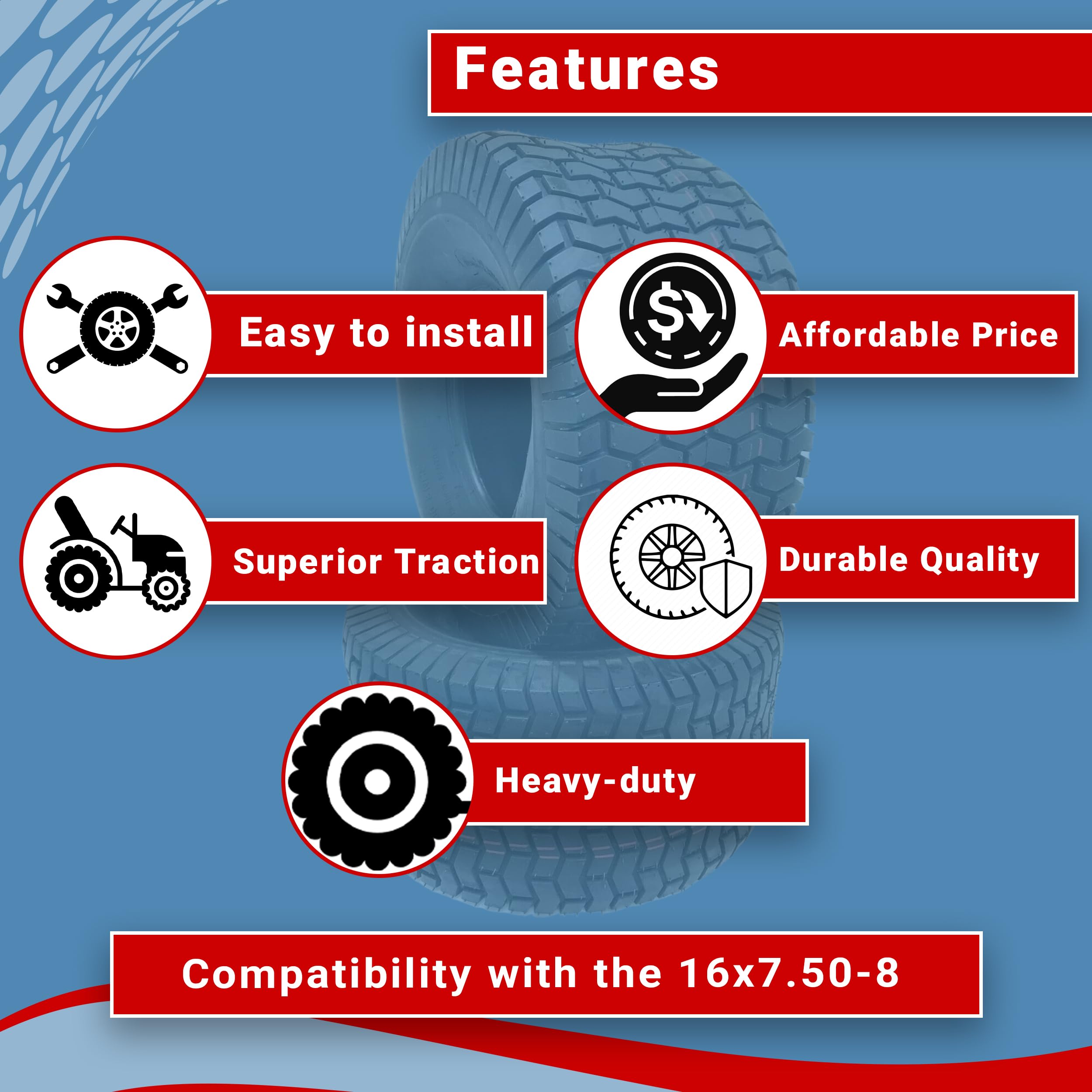 **16x7.50-8 Turf Tires (2-Pack) – 4-Ply D265 Mower Tires for Lawn Tractors & Zero-Turn Mowers – Durable, Long-Lasting Performance – Ideal for Golf Courses, Parks & Residential Lawns**