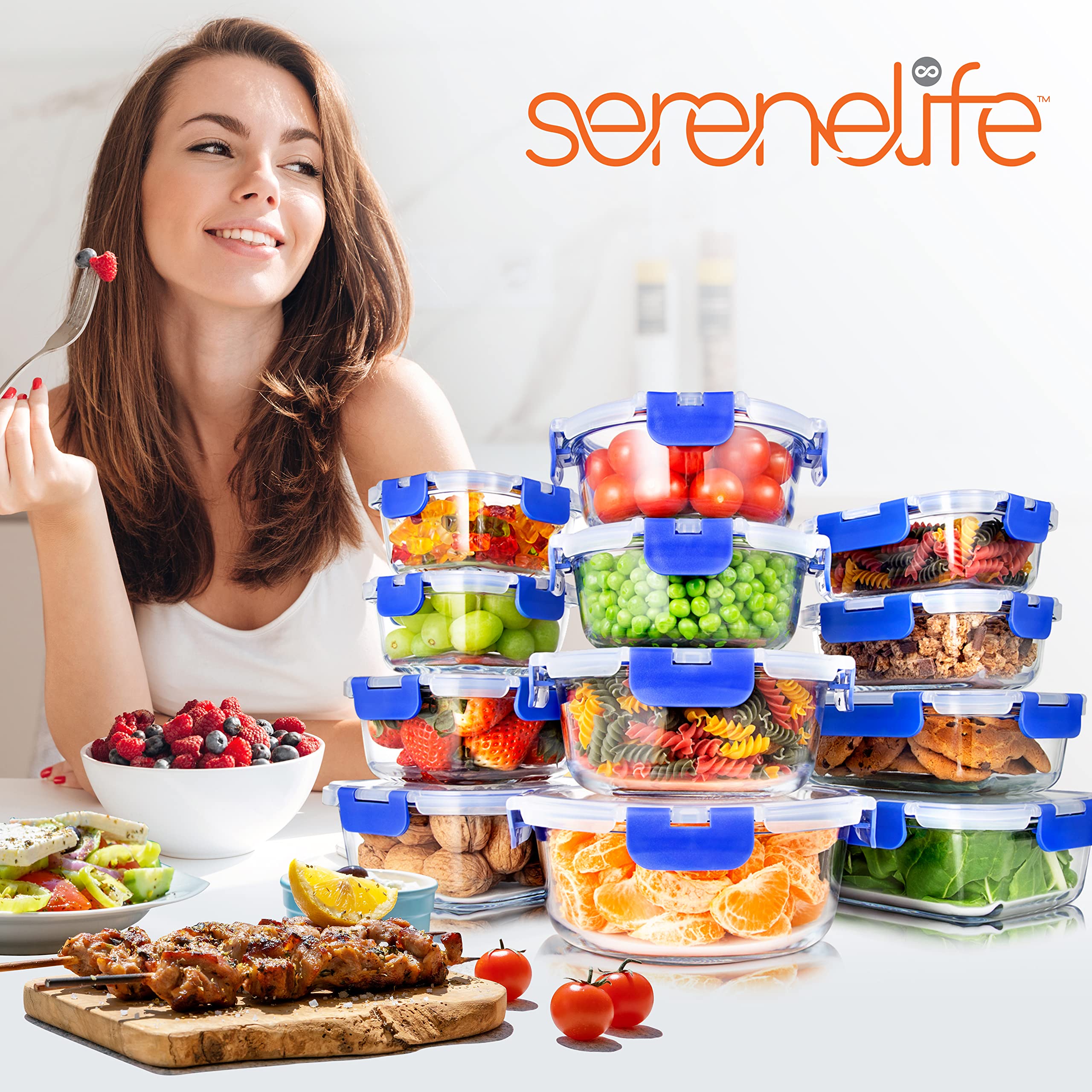 SereneLife 24-Piece Glass Food Storage Containers Set with Airtight Lids - 12 Pack Meal Prep Containers for Lunch, Kitchen & Pantry Organization - Leakproof, Freezer & Dishwasher Safe - Blue - Perfect for Meal Prepping, Leftovers & Office Lunches