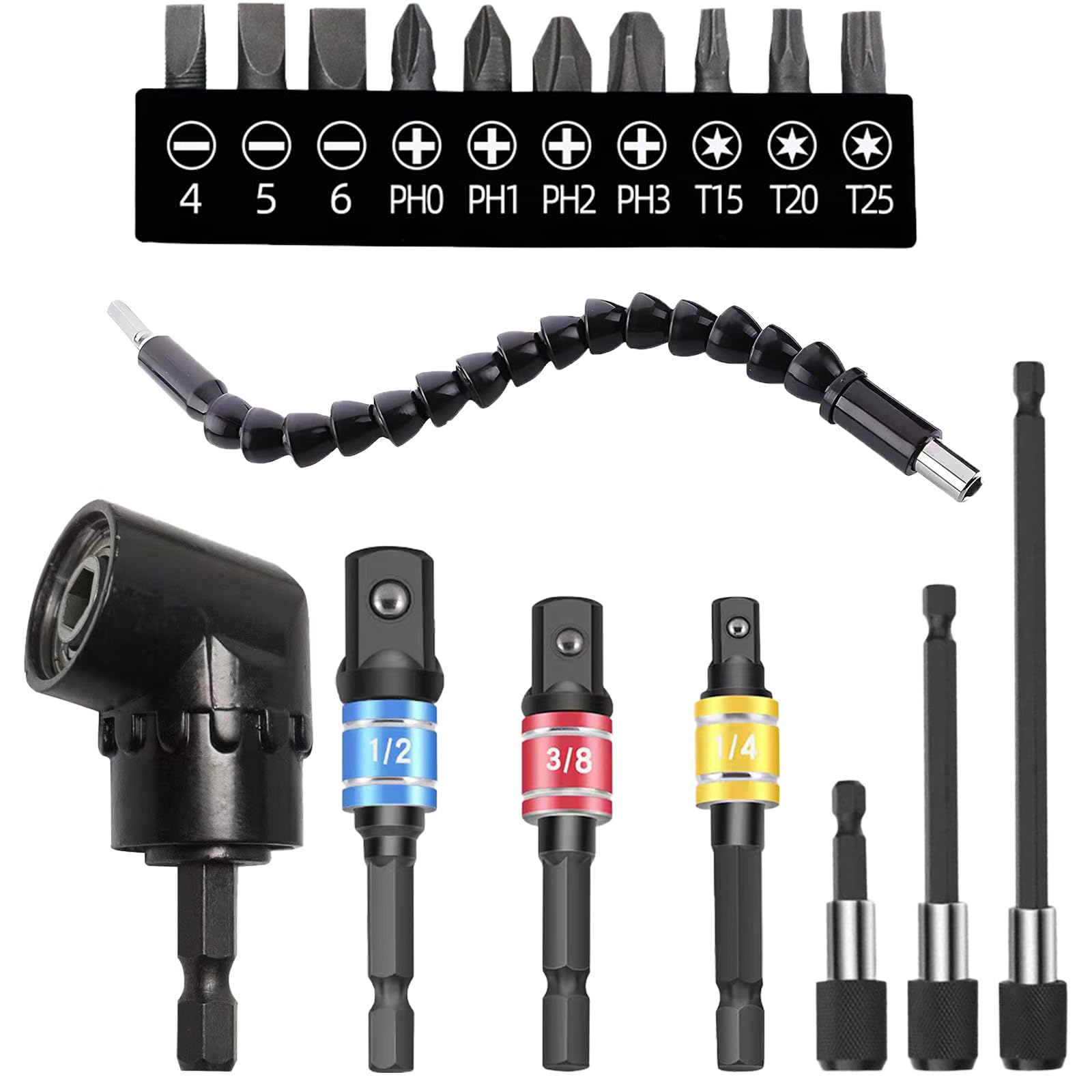Flexible Drill Bit Extension Set with 105° Right Angle Drill Attachment - 3PCS 1/4