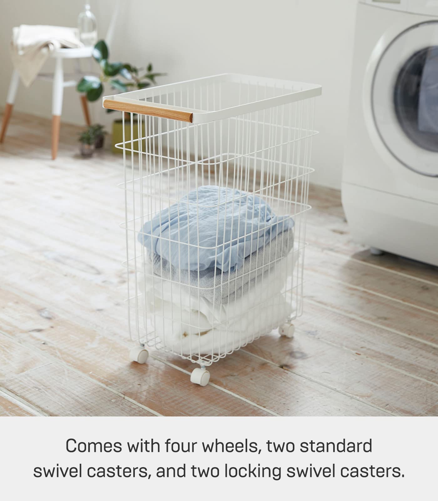Yamazaki Home Slim Space-Saving Rolling Wire Laundry Hamper with Steel Frame & Wood Accents - White | Compact Clothes Basket for Bedroom, Closet, or Dorm Organization